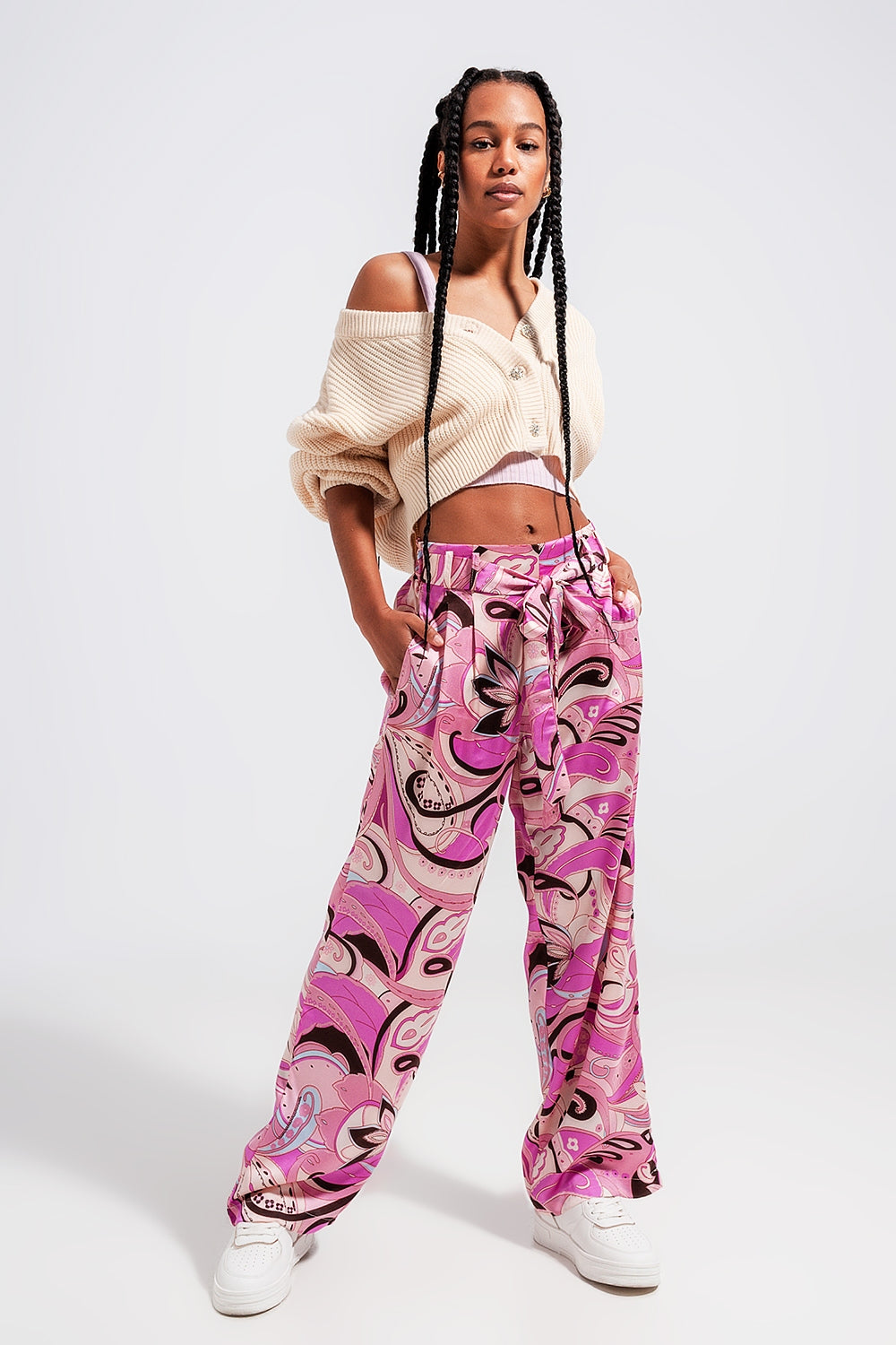 Women's Wide Leg Pants with Pink Belt - Comfortable High Waist Trousers for Casual Wear & Office Outfits
