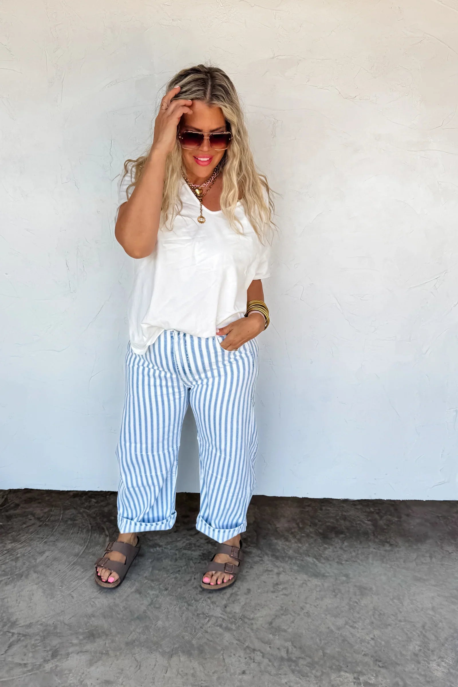 PREORDER: Beachy Stripe Barrel Jeans - Women's High Waisted Distressed Denim Pants for Summer Vacations & Casual Outings