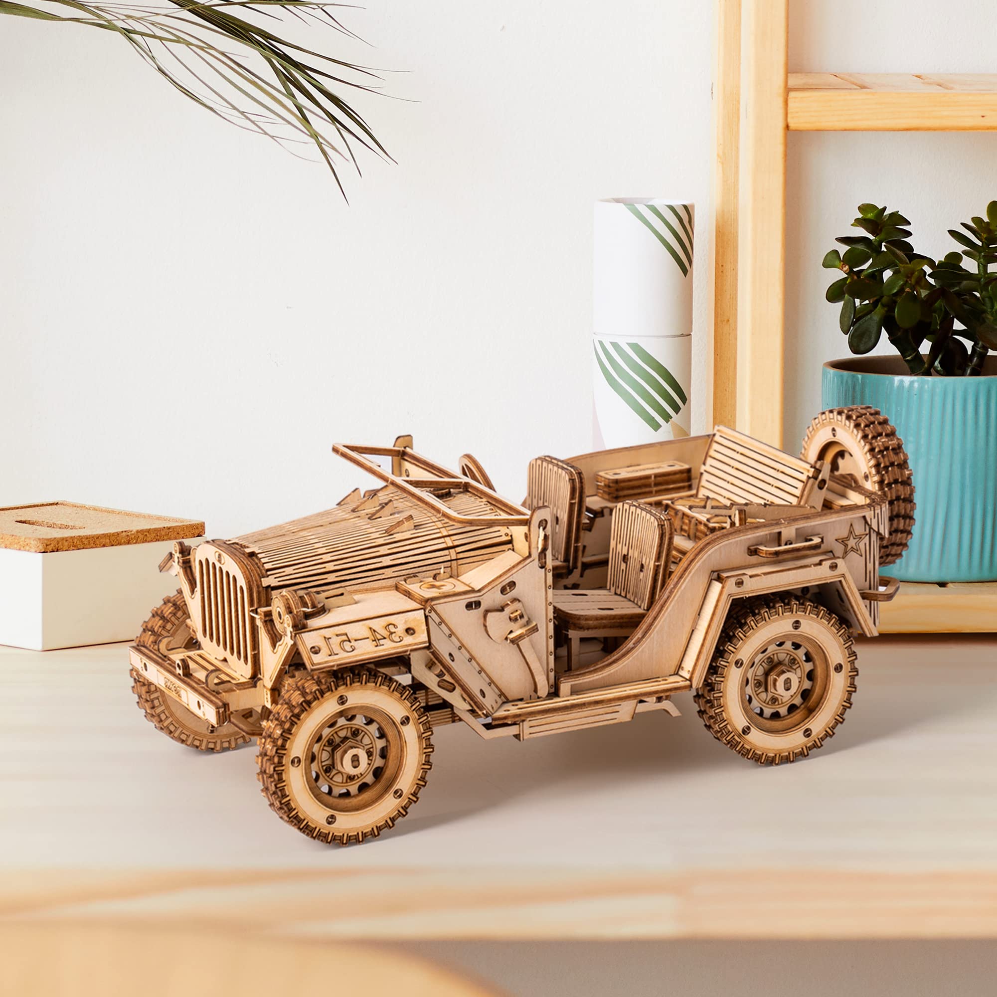 ROKR Wooden 3D Puzzle Model Car Kit - DIY Jeep Wrangler Assembly Kit for Adults & Teens (7.5x4x3.5 Inch) - Educational Brain Teaser, Desk Decor, Perfect for STEM Learning & DIY Hobby Projects