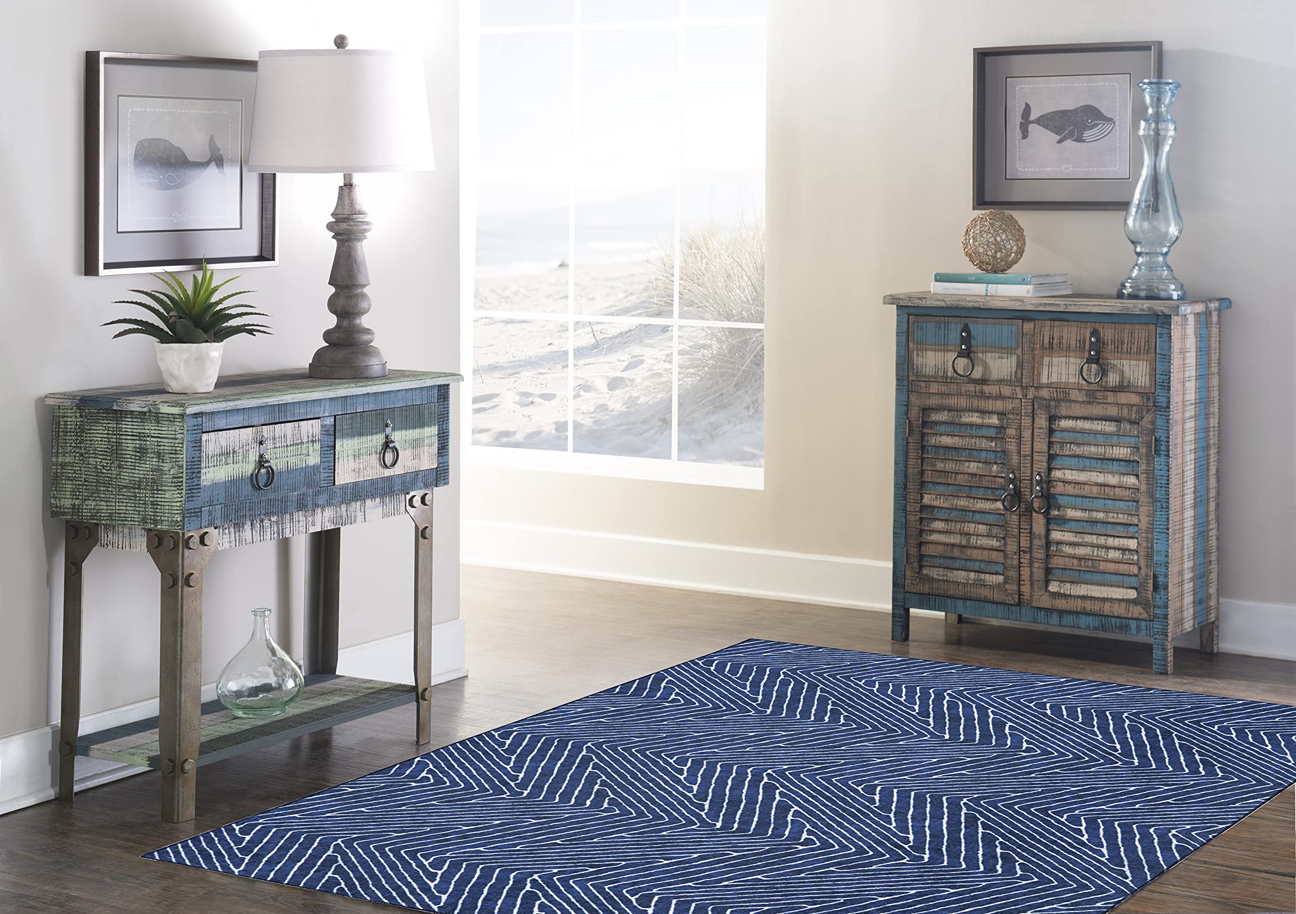 Linon Home Decor Washable Area Rug 5' x 7' - Varishna Blue & Ivory Indoor/Outdoor Rug for Living Room, Bedroom, Patio - Machine Washable & Stain Resistant