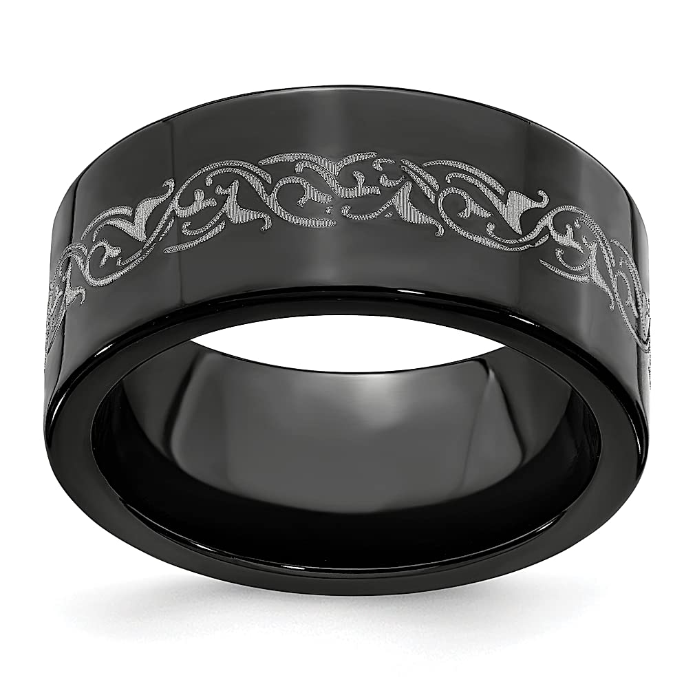 Edward Mirell Titanium Black Flat Laser Patterned 10mm Wedding Band Ring for Men - Classic Fashion Jewelry, Gifts for Husband, Dad, Boyfriend - Perfect for Weddings, Anniversaries & Special Occasions