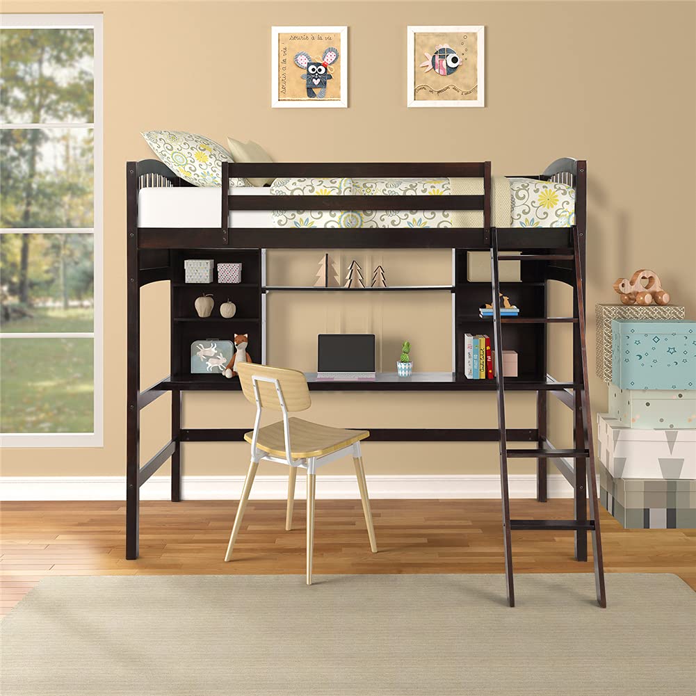 Twin Size Loft Bed with Desk & Storage - Pinewood Bed Frame with Removable Ladder & Guardrails - Space Saving Furniture for Small Bedroom, Dorm Room or Kids Room (Espresso Finish)
