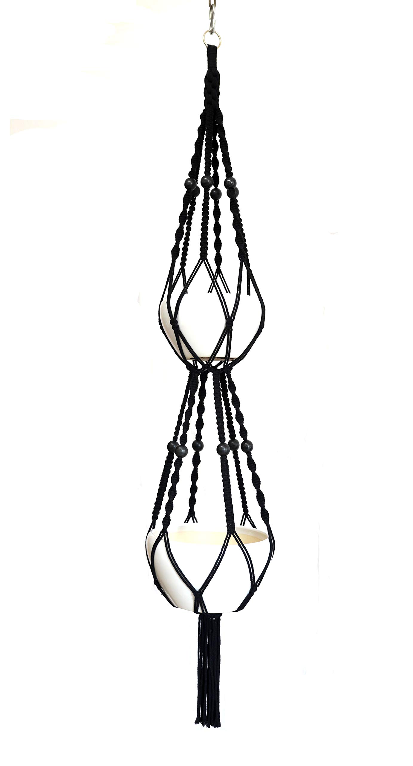 6-Leg Macrame Plant Hanger - 65 Inch Natural Hemp & Cotton Rope Hanging Planter with 12 Wood Beads for 10 Inch Pots - Boho Home Decor for Indoor Plants, Living Room, Balcony or Patio (Black)