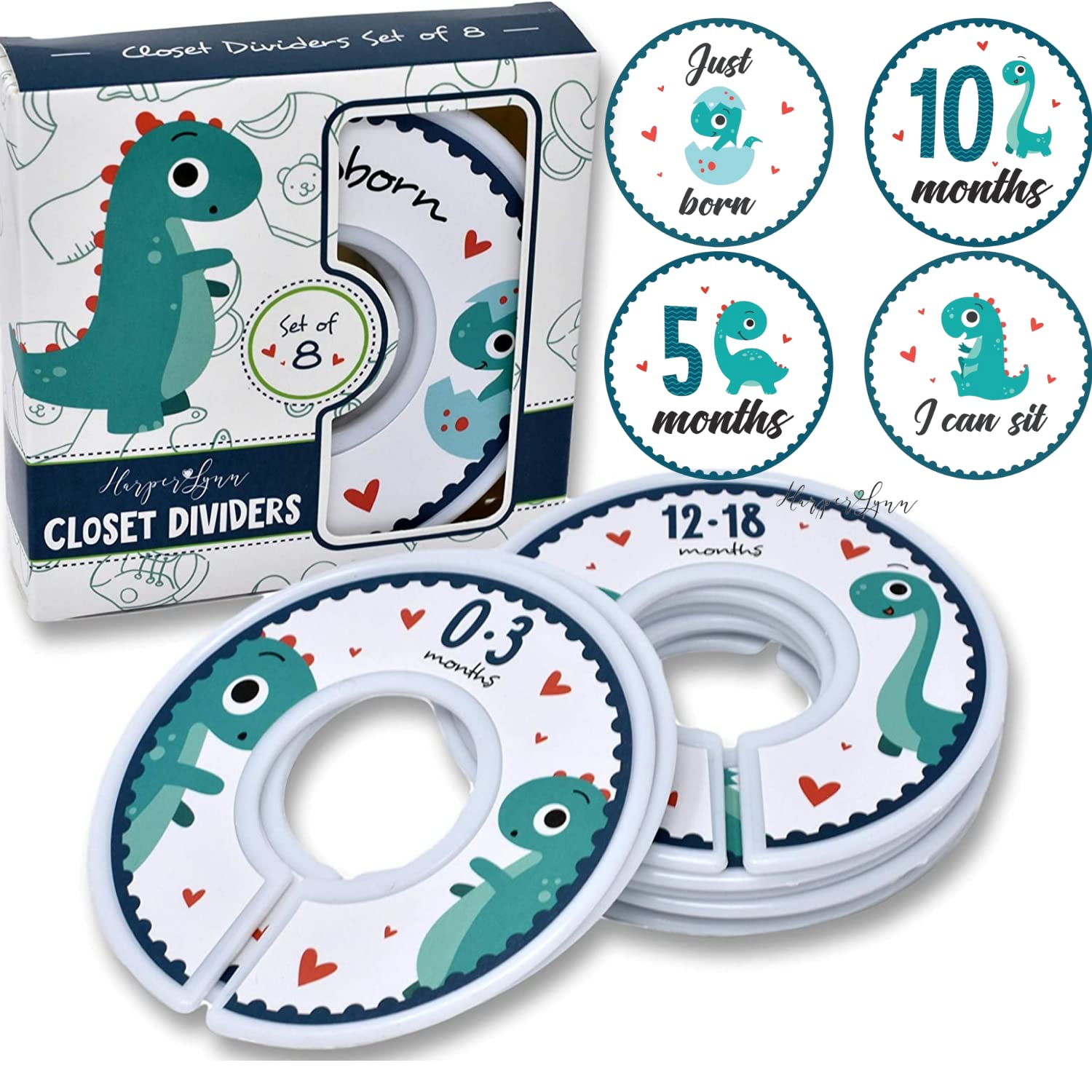 HarperLynn Baby Closet Dividers Set of 8 & Monthly Milestone Onesie Stickers (16pcs) - Nursery Organization & Newborn Photo Props for Baby Shower Gifts