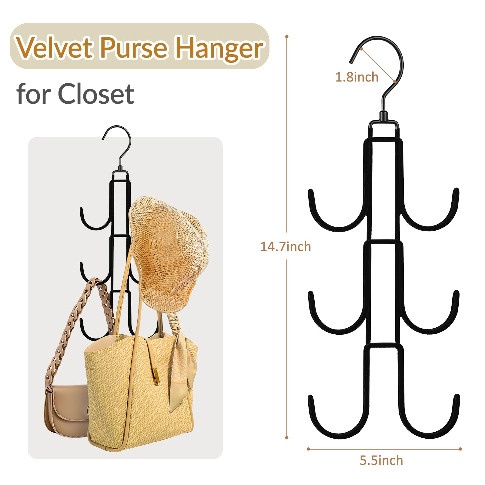 360 Degree Swivel Purse Hanger Organizer - Velvet Handbag Storage Hook with Metal Hanging Rack (2-Pack, Black) | Space-Saving Closet Organizer for Purses, Bags & Accessories | Perfect for Bedroom, Closet & Entryway Organization