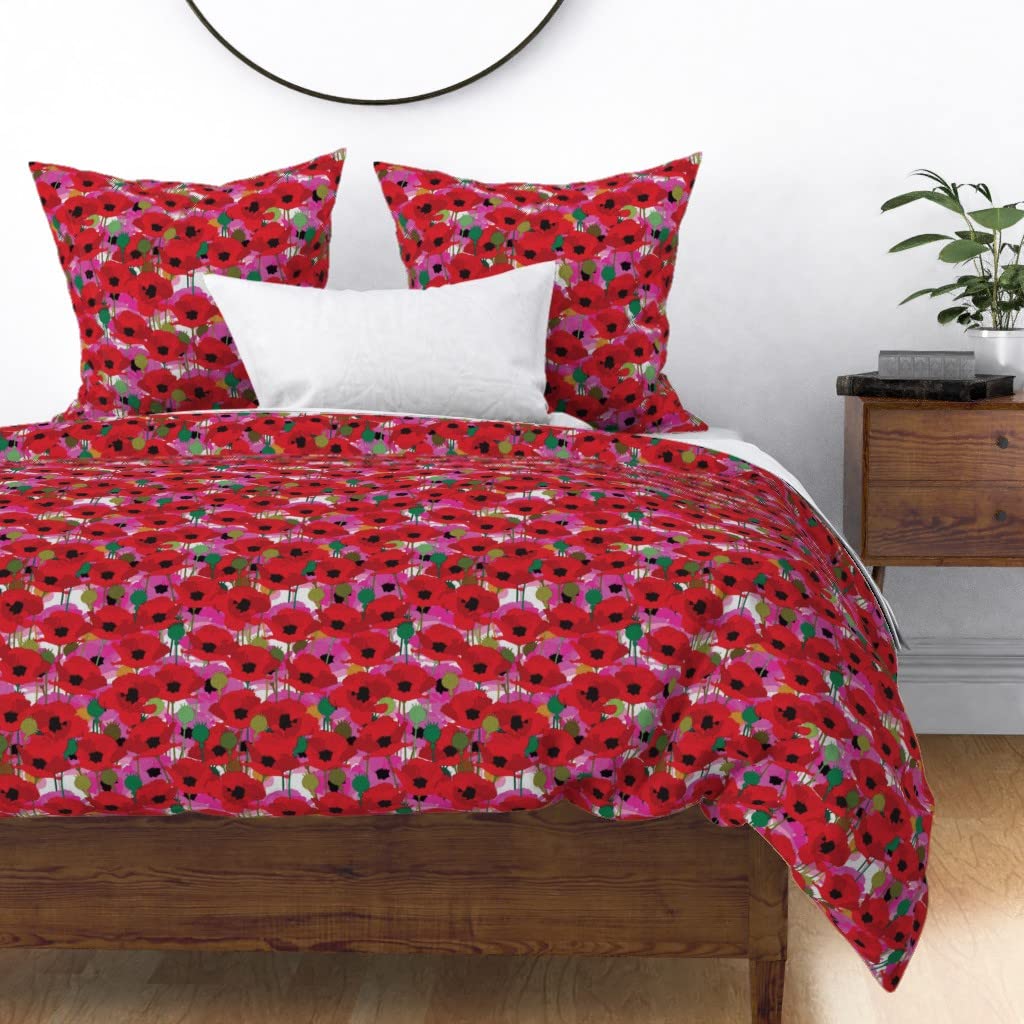 Poppies Flowers Blossom Red Nature Floral Cotton Sateen Duvet Cover for King/California King Size - Custom Botanical Spring Garden Bedding | Perfect for Master Bedroom, Guest Room & Home Decor