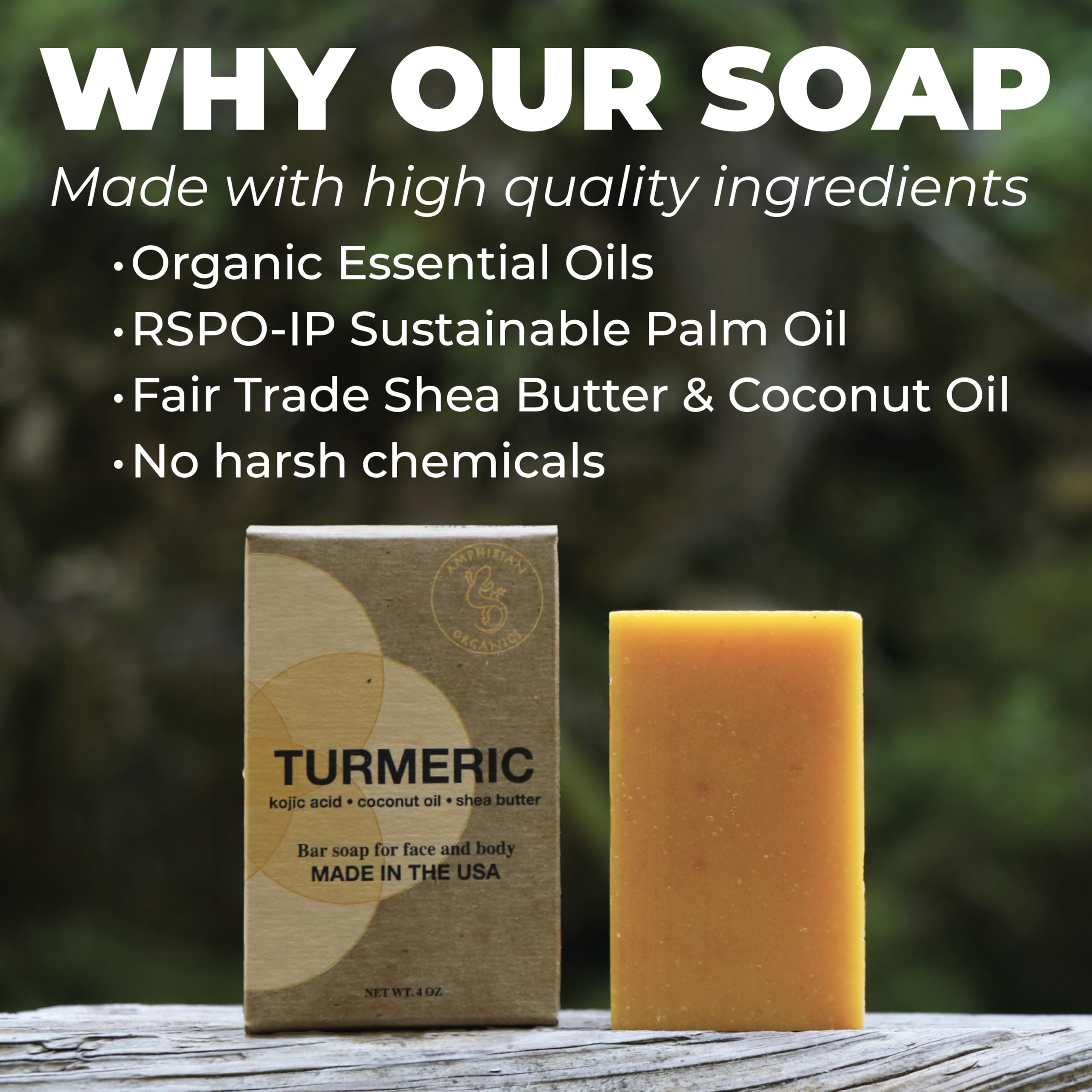 Organic Turmeric Soap with Kojic Acid & Coconut Oil - Vegan, All Skin Types, Shea Butter, Made in USA - Brightening & Glowing Skin for Face & Body