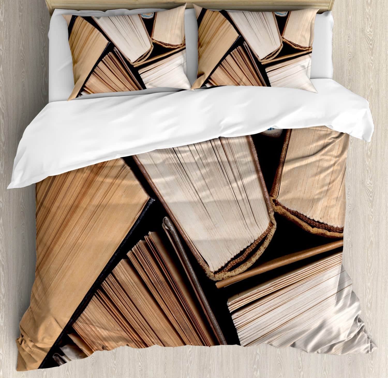 Ambesonne Abstract Duvet Cover Set - Vintage Book Collection Design for King Size Bed | 2 Duvet Covers & 4 Pillowcases | Brown Beige Library Literature Theme | Perfect for Book Lovers' Bedroom Decor & Cozy Reading Nook