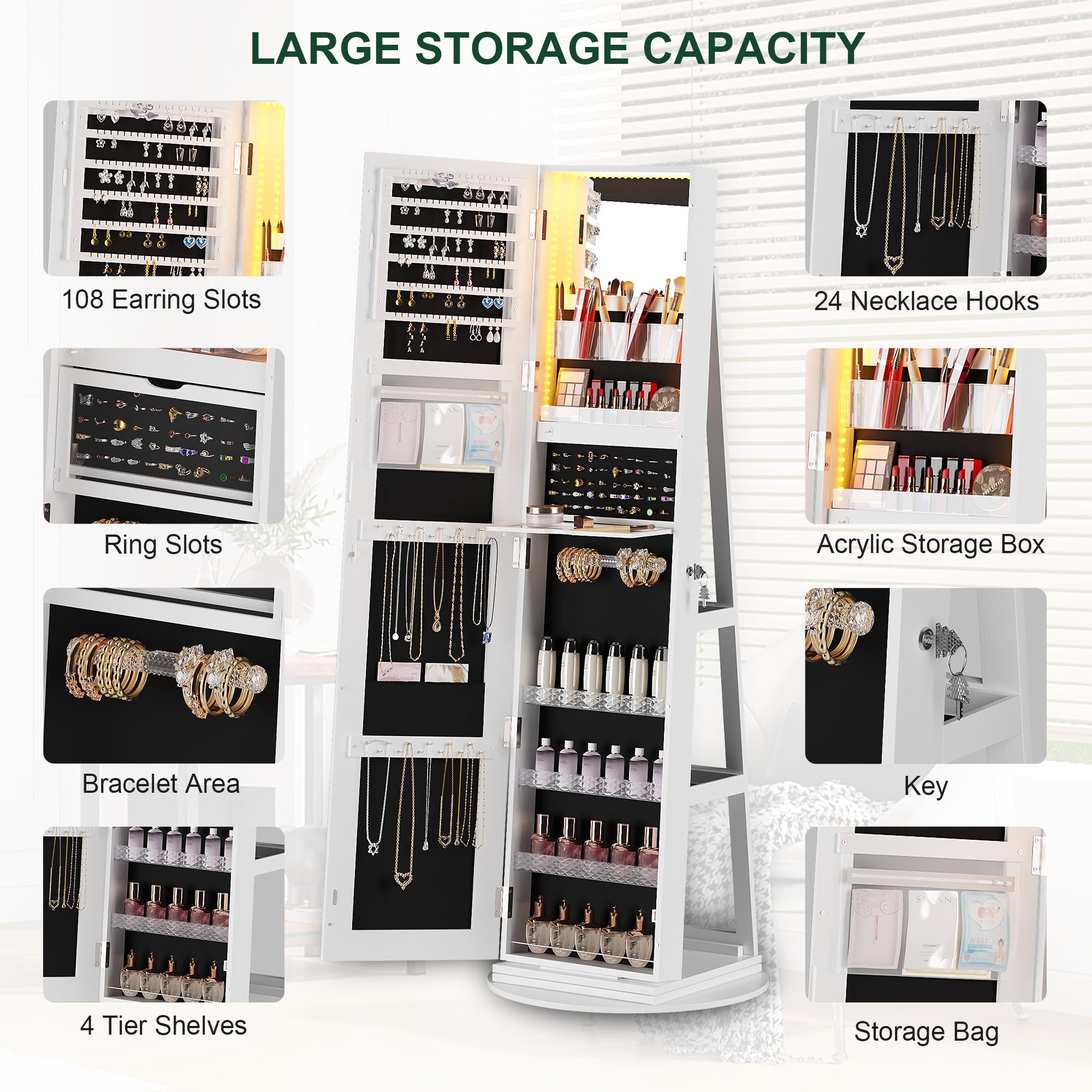 360° Rotating Jewelry Cabinet with LED Lights - 63