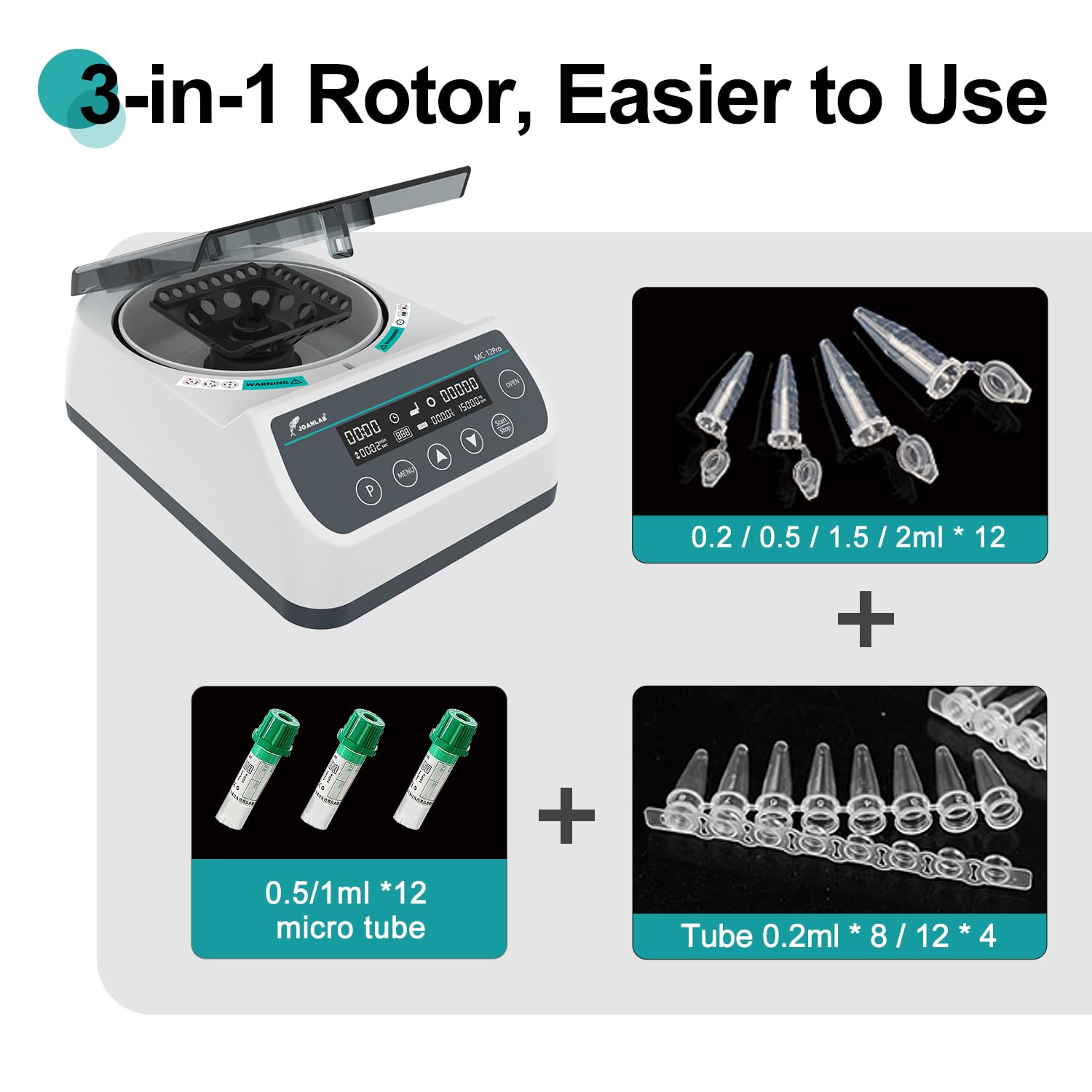 High-Speed Lab Centrifuge Machine - 12,000 RPM Bechtop Microcentrifuge with 3-in-1 Rotor for 0.2/0.5/1.5/2mL Tubes | Ideal for DNA/RNA Extraction, Blood Sample Processing & Laboratory Research