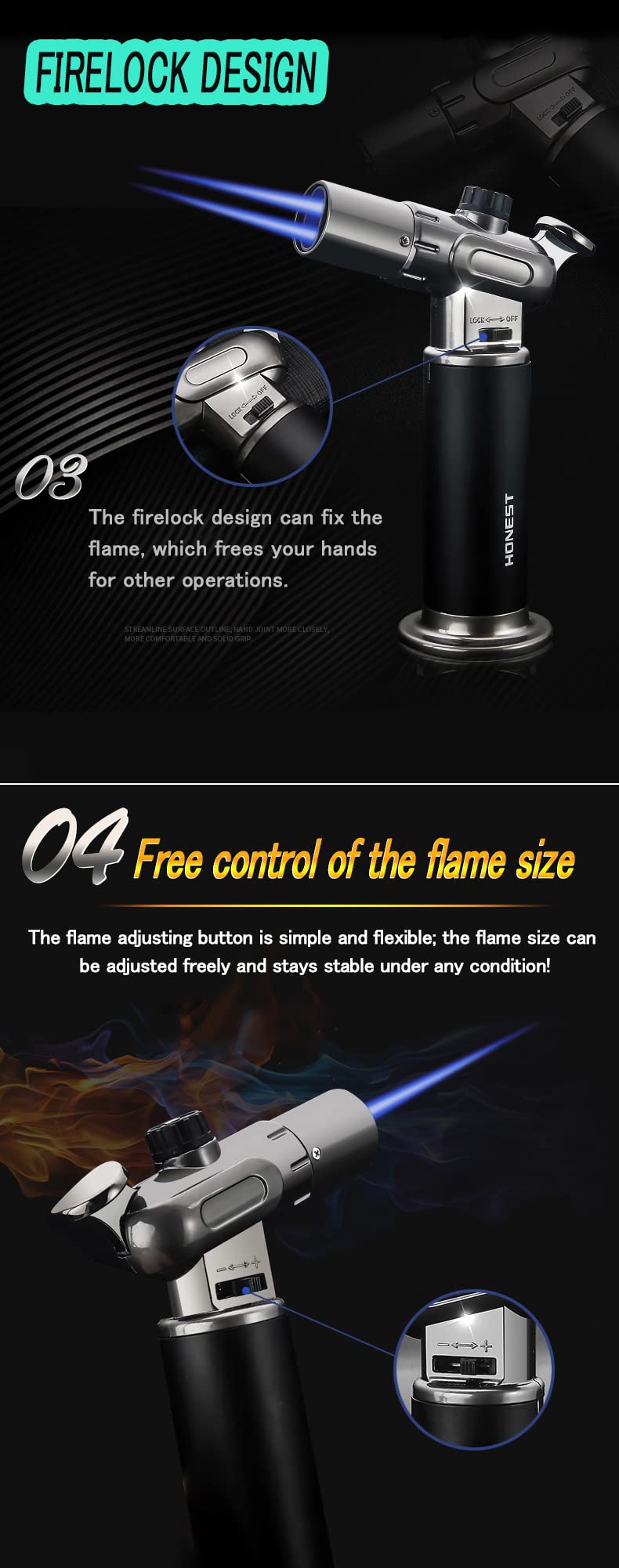 WDMART-US Windproof Refillable Butane Gas Lighter - Dual Turbo Direct Injection Metal Lighter with Fixed Flame Function for Cooking, Camping & Outdoor Use (Gold) | Gas Not Included