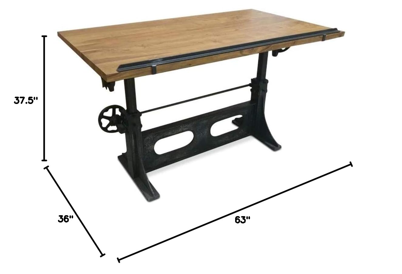 Industrial Adjustable Crank Drafting Table with Tilting Top & Cast Iron Base - Perfect for Architects, Engineers & Artists - Home Office & Studio Furniture