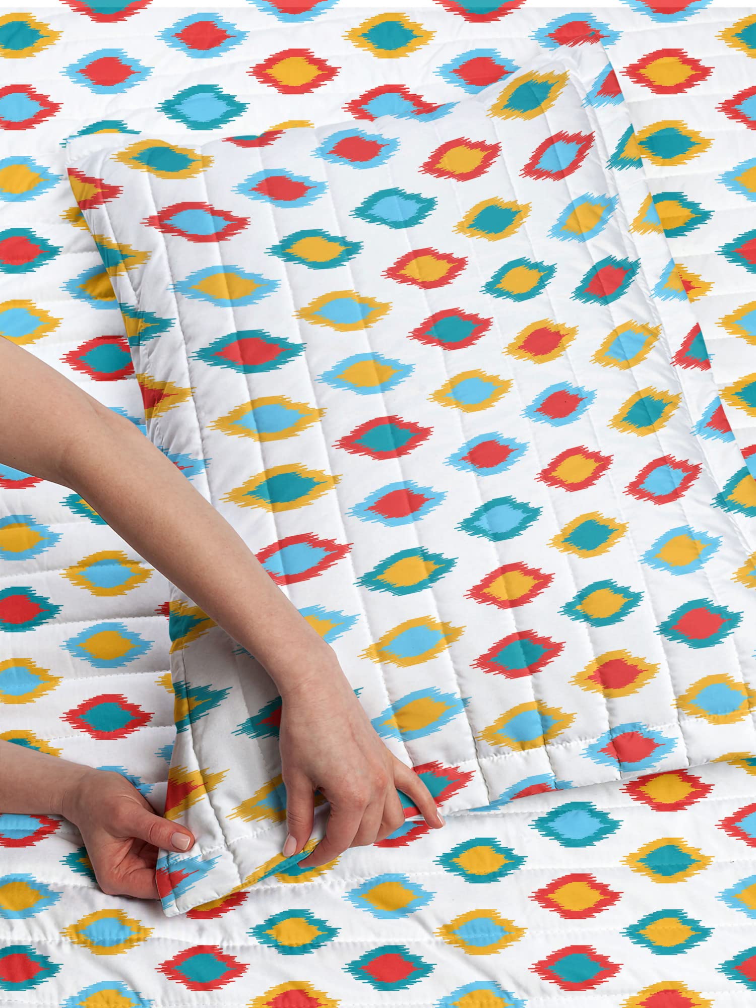 Lunarable Ikat Microfiber Bedspread Set - King Size Yellow White Blue | Traditional Oriental Ikat Pattern Comforter with Pillow Shams | Soft Exotic Design Bedding for Master Bedroom, Guest Room & Bohemian Decor