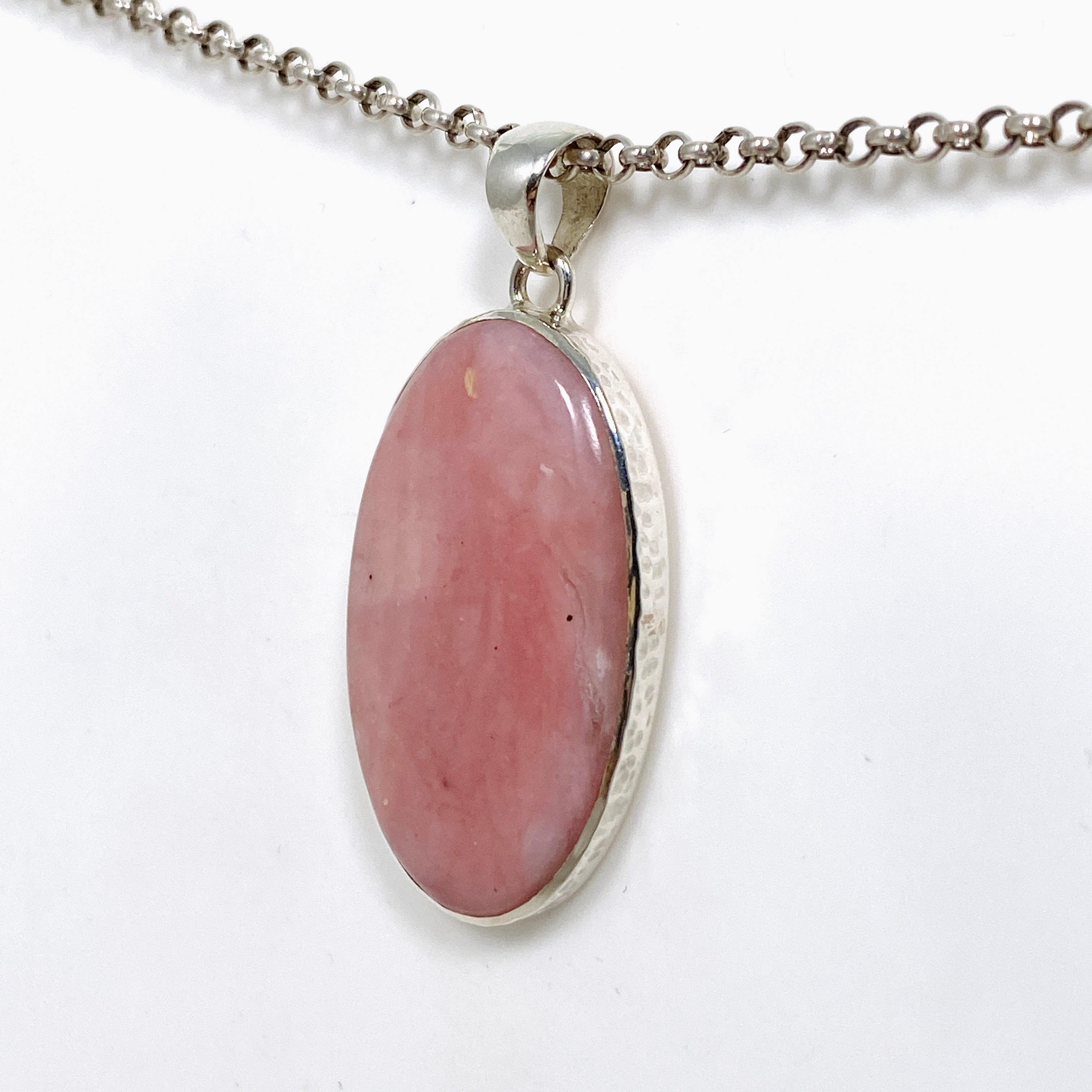 Natural Pink Opal Oval Cabochon Pendant in Handcrafted Hammered Silver Setting - KPGJ4668 | Elegant Jewelry Gift for Women, Perfect for Valentine's Day & Anniversaries