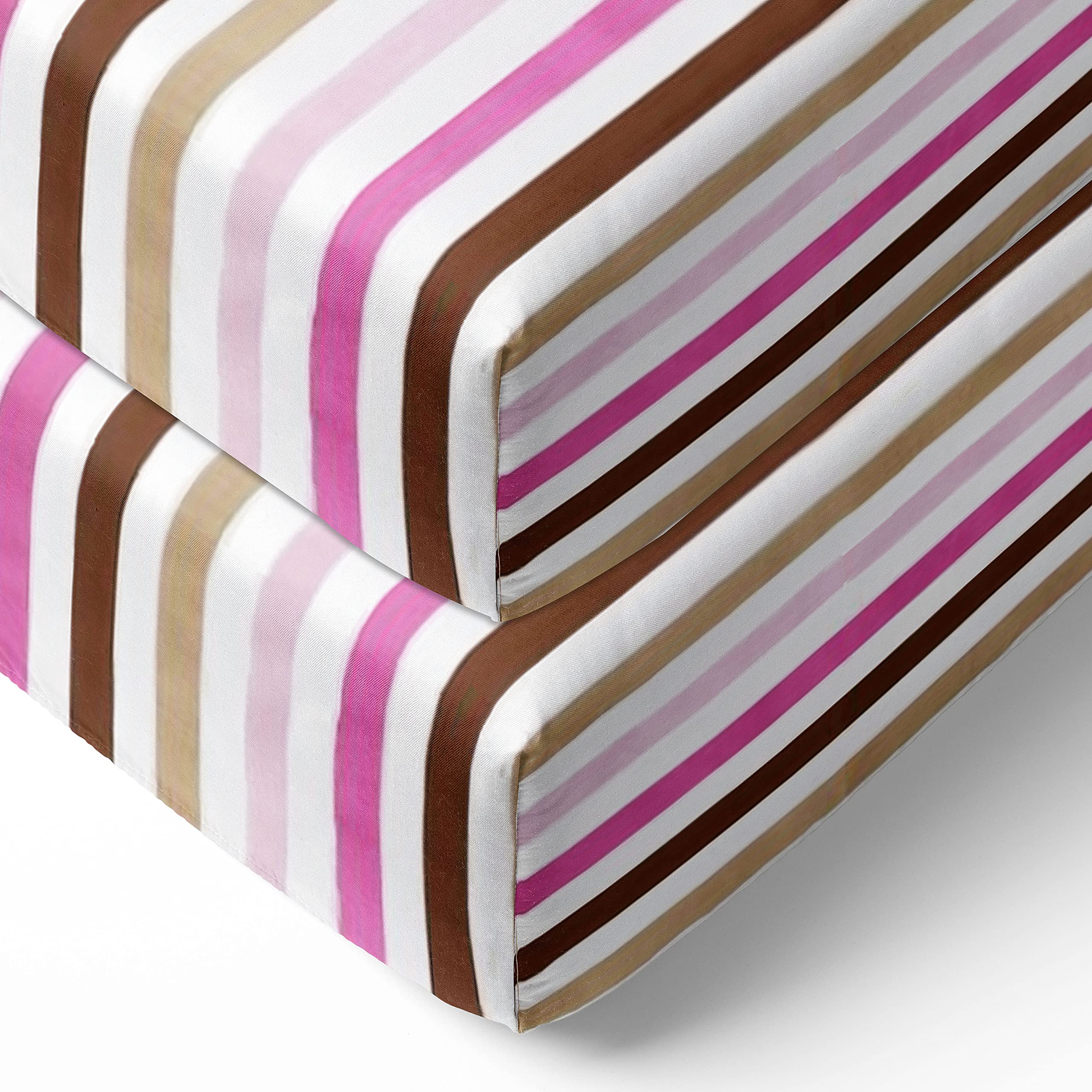 Bacati Crib Fitted Sheets - Soft Mod Stripes Pink & Chocolate (Pack of 2) | Breathable Cotton Baby Crib Sheets for Boys & Girls | Perfect for Nursery, Daycare & Travel