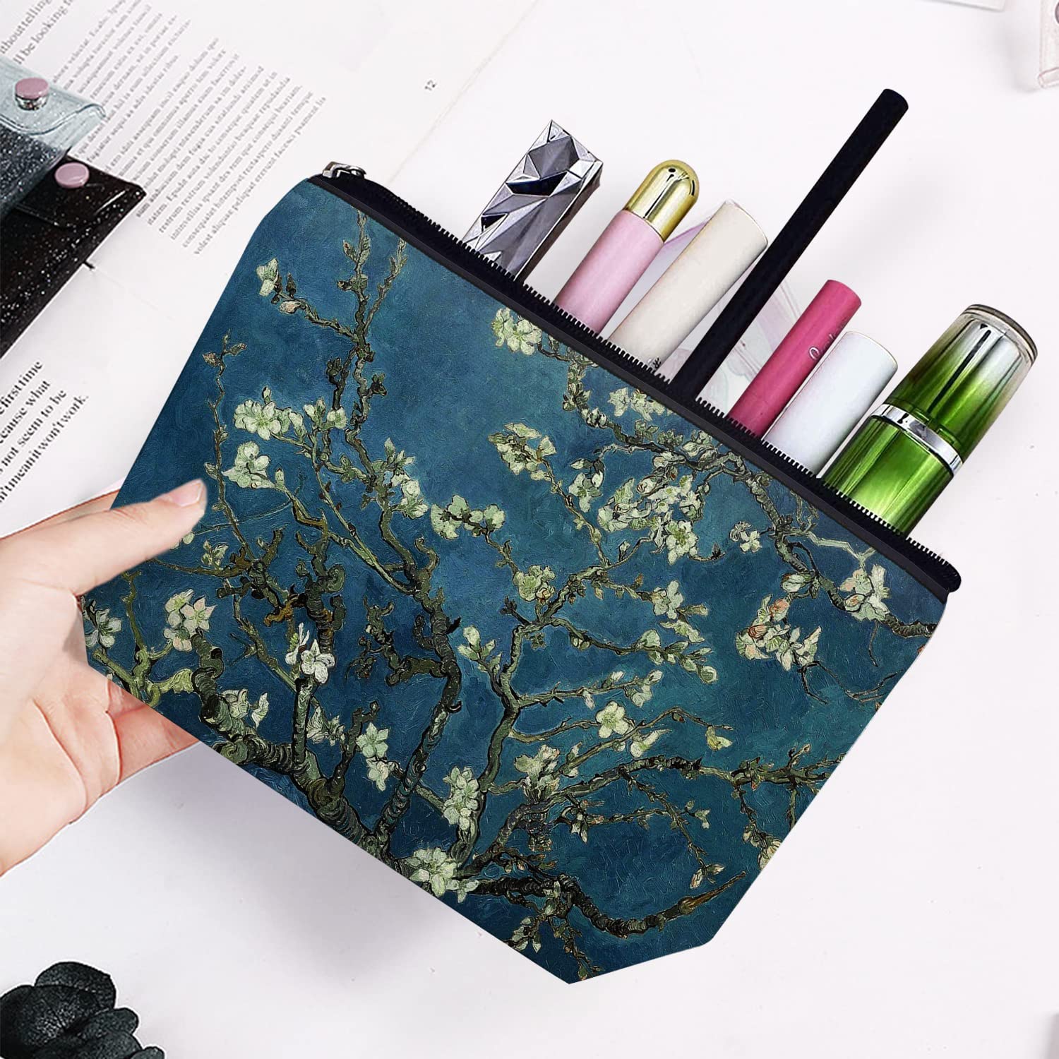 Large Makeup Bag for Women Travel - Waterproof Cosmetic Organizer with Zipper, 7x10 Inch Toiletry Pouch (Almond Blossom) - Perfect for Travel, Gym, and Daily Makeup Storage