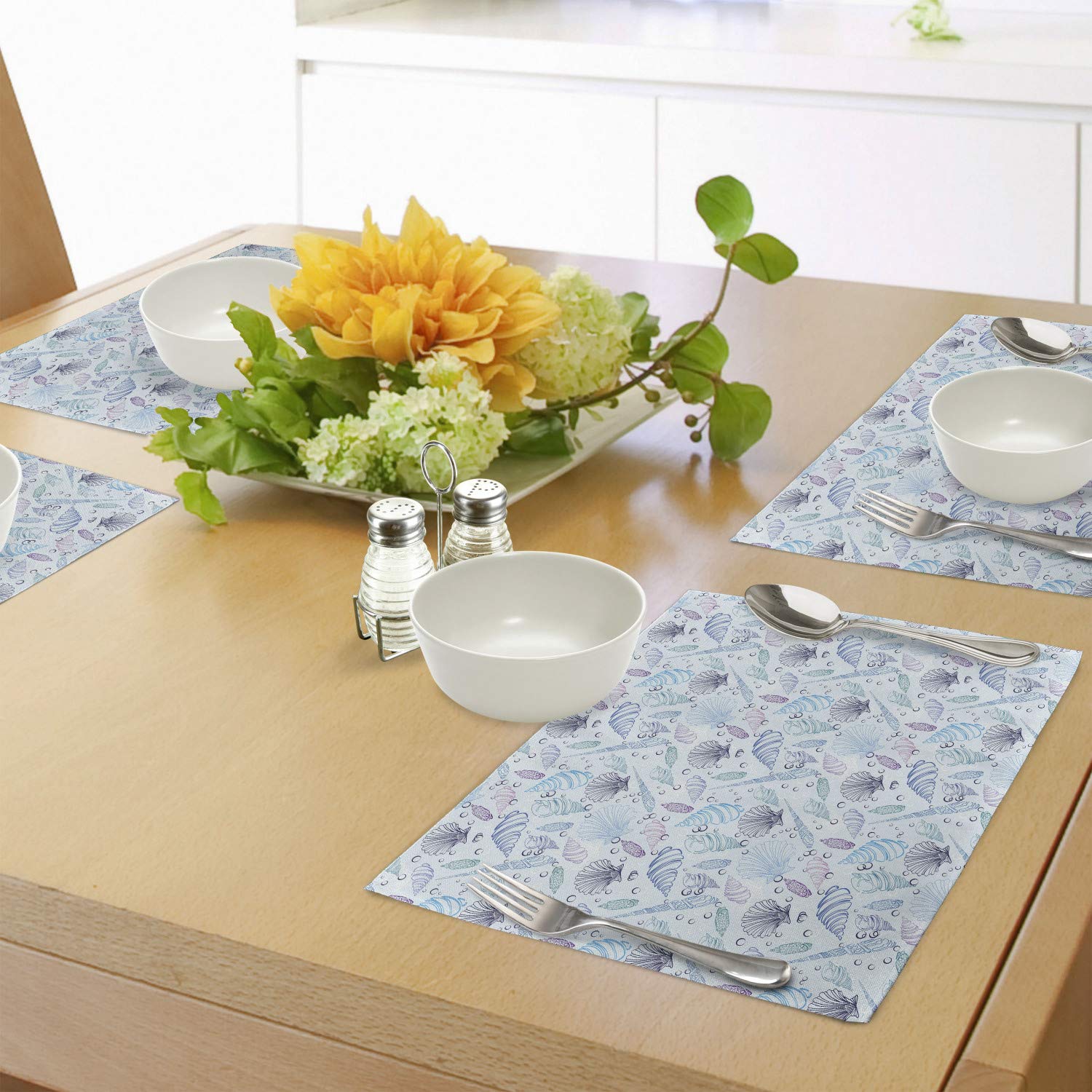Ambesonne Nautical Place Mats Set of 4 - Sea Shell Pattern Underwater Bubbles Ocean Themed Washable Fabric Placemats for Dining Table & Kitchen Decor in Indigo Blue & Purple | Perfect for Beach House, Coastal Dining, and Ocean-Inspired Home Decor