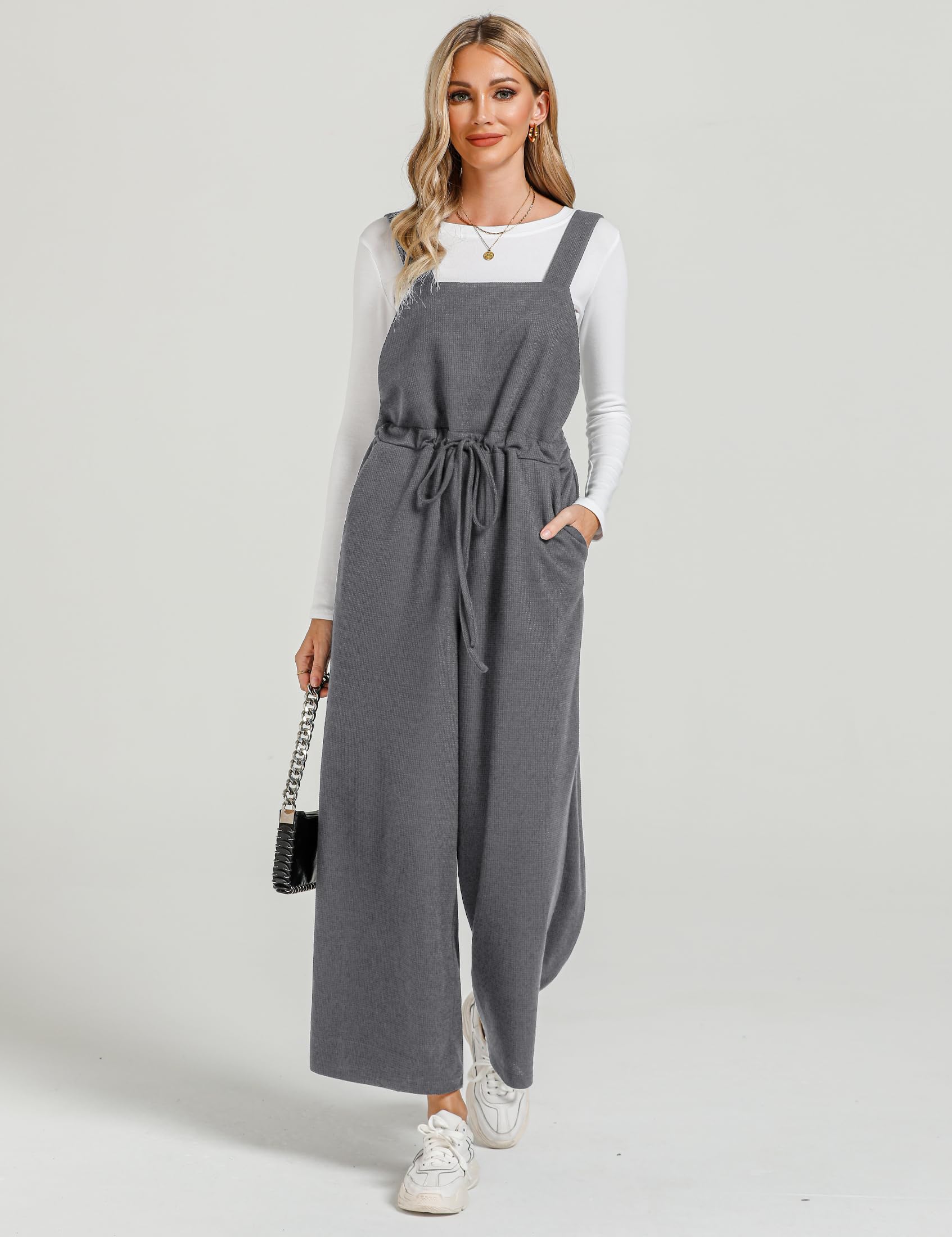 Luvamia Women's Loose Fit Waffle Knit Jumpsuit - Baggy Wide Leg Overalls Romper with Long Pants for Casual Comfort | Perfect for Everyday Wear, Weekend Outings & Relaxing at Home