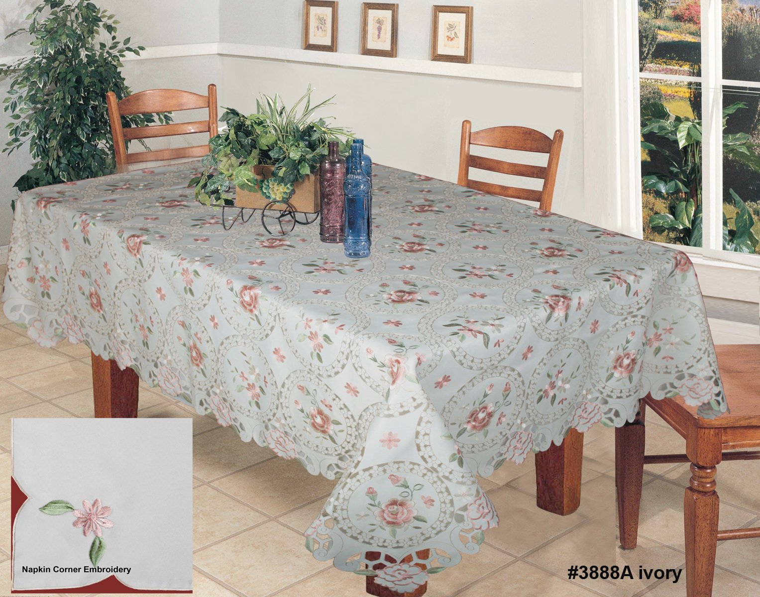 Embroidered Pink Rose Daisy Floral Pastel Tablecloth Set - 68x104 Inch Rectangular Table Cover with 12 Ivory Napkins - Spring Wedding, Easter Brunch & Garden Party Decor