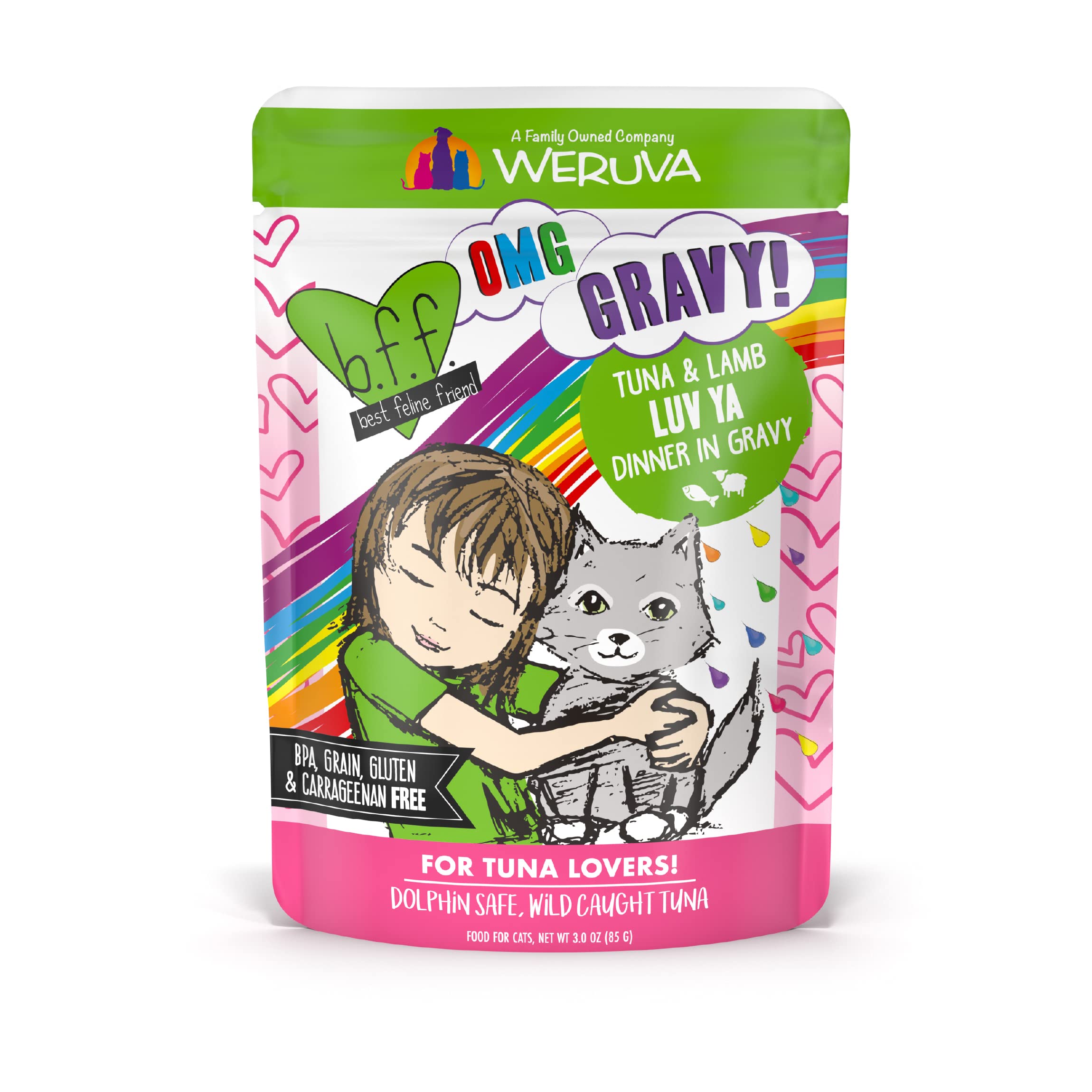 Weruva B.F.F. OMG Best Feline Friend Cat Food - Tuna & Lamb in Gravy, Grain-Free Wet Cat Food Pouches (3oz, Pack of 12) - Perfect for Kittens, Adult & Senior Cats at Mealtime or as Tasty Treats