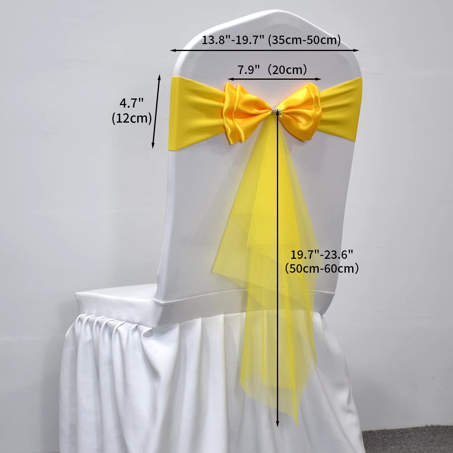 100 PCS Gold Yellow Organza Stretch Chair Sashes - Double Bows for Wedding, Party, Banquet Chair Decorations - Spandex Elastic Chair Bands for Bridal Showers, Baby Showers & Special Events