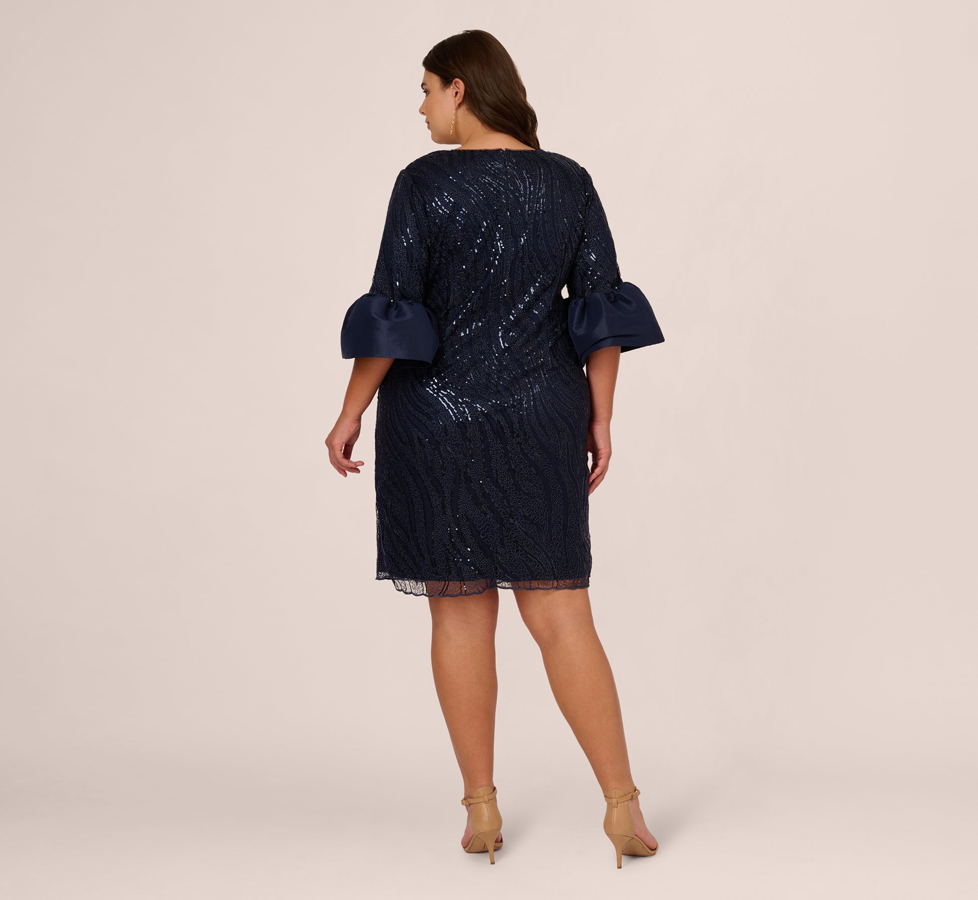 Plus Size Sequin Embroidered Party Dress with Taffeta Bell Sleeves - Elegant Evening Gown for Women in Midnight Blue | Perfect for Prom, Wedding Guest & Special Occasions