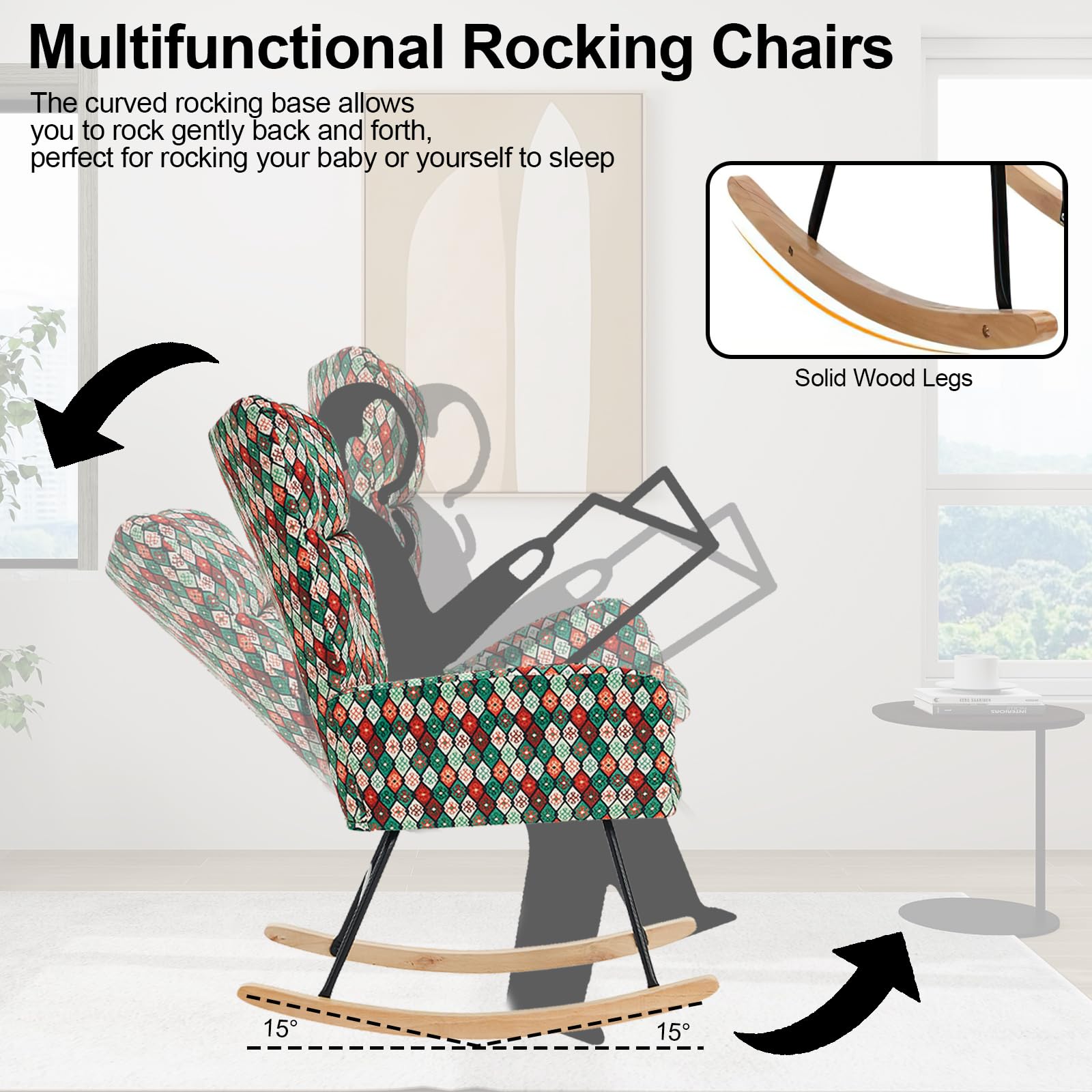 **Solid Wood Nursery Rocking Chair with Soft Teddy Fabric Upholstery - Adjustable High Back Glider for Nursing, Reading & Relaxing - Perfect for Nursery, Living Room & Bedroom (Camouflage Design)**
