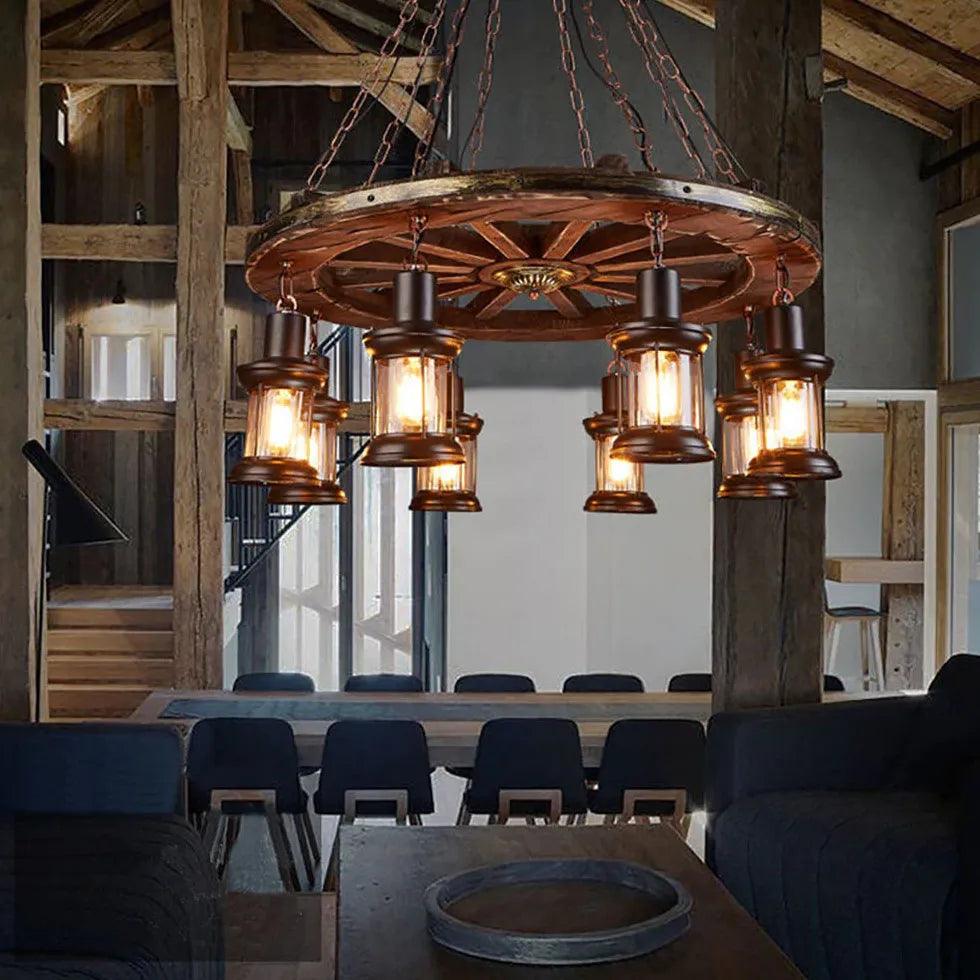 Vintage Wooden Industrial Pendant Light - Wheel Shaped Ceiling Fixture for Farmhouse, Loft & Restaurant Decor | Rustic Lighting for Dining Room, Kitchen Island & Bar