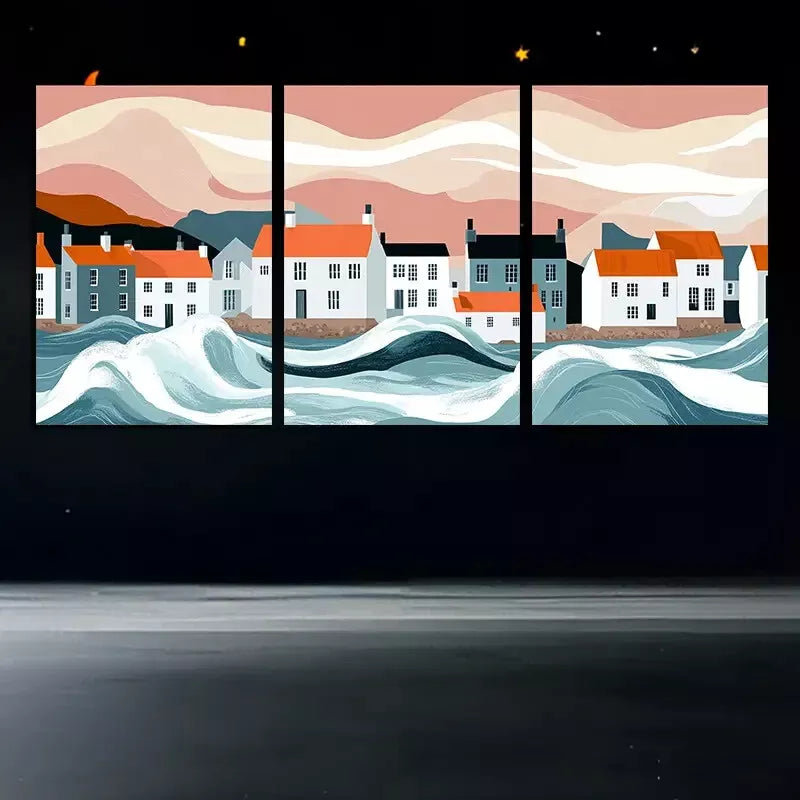3-Piece Pastoral Coastal Town Vector Art Wall Decor Set - Framed Canvas Prints 50x70cm | High-Quality Australian Made Wall Art | Perfect for Living Room, Bedroom & Office Decor