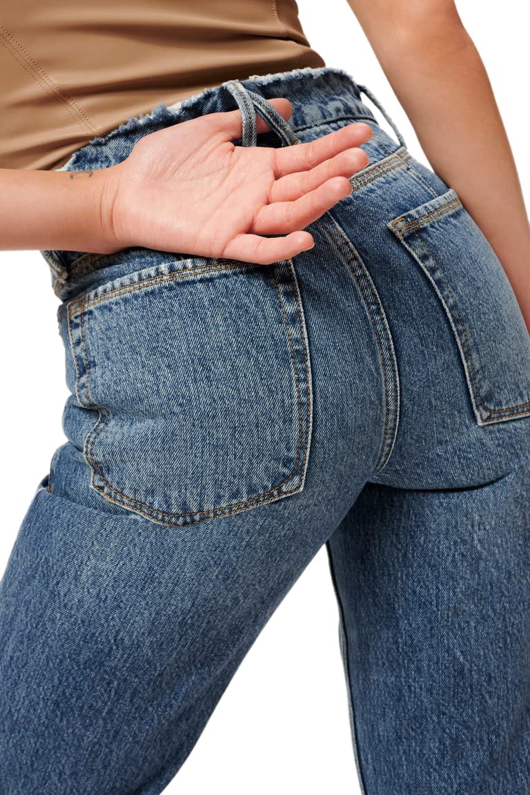 Good American Women's 90s High-Rise Destroyed Straight Leg Jeans - Vintage Distressed Denim for Casual Outfits & Streetwear Fashion