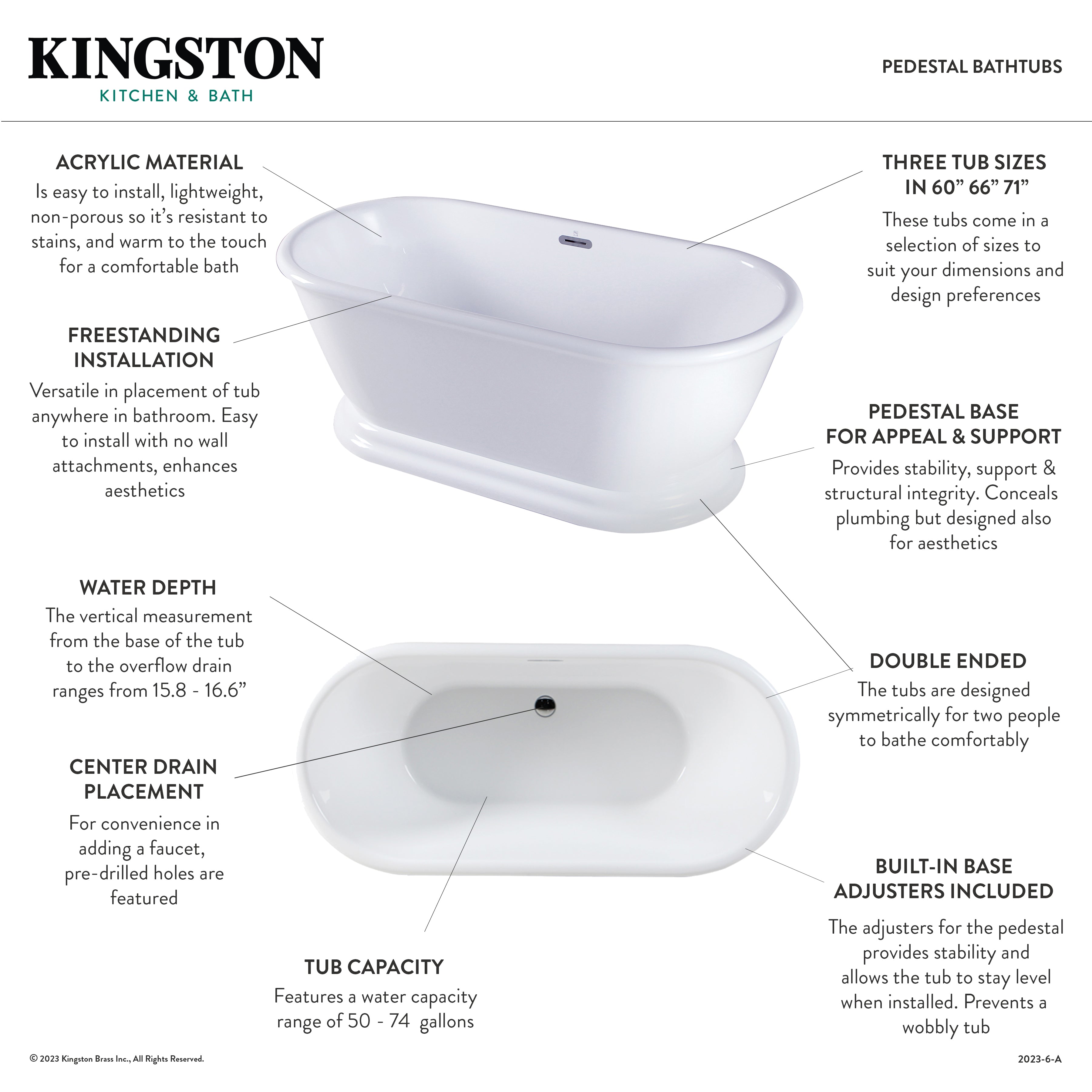 Aqua Eden VTDE602824 60 Inch Glossy White Acrylic Oval Double-Ended Pedestal Bathtub with Drain (No Faucet Holes) - Perfect for Modern Bathroom & Spa Relaxation at Home