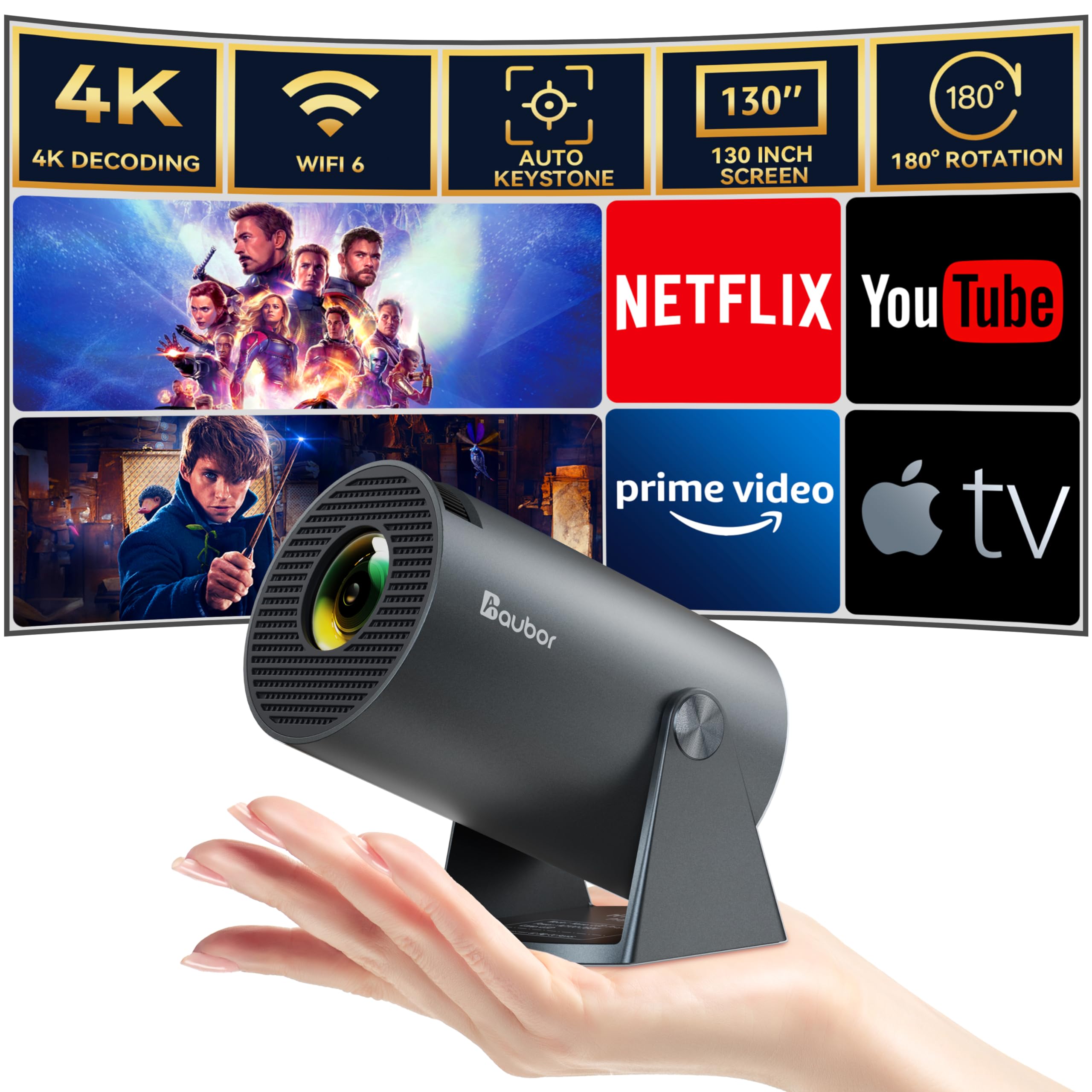 Aubor Mini Projector with WiFi & Bluetooth - 1080P HD Smart Android TV Projector, 180° Rotatable Portable Outdoor Short Throw Projector with Auto Keystone - Perfect for Home Theater, Movie Nights, Gaming, and Outdoor Camping with Phone/TV Stick/Laptop