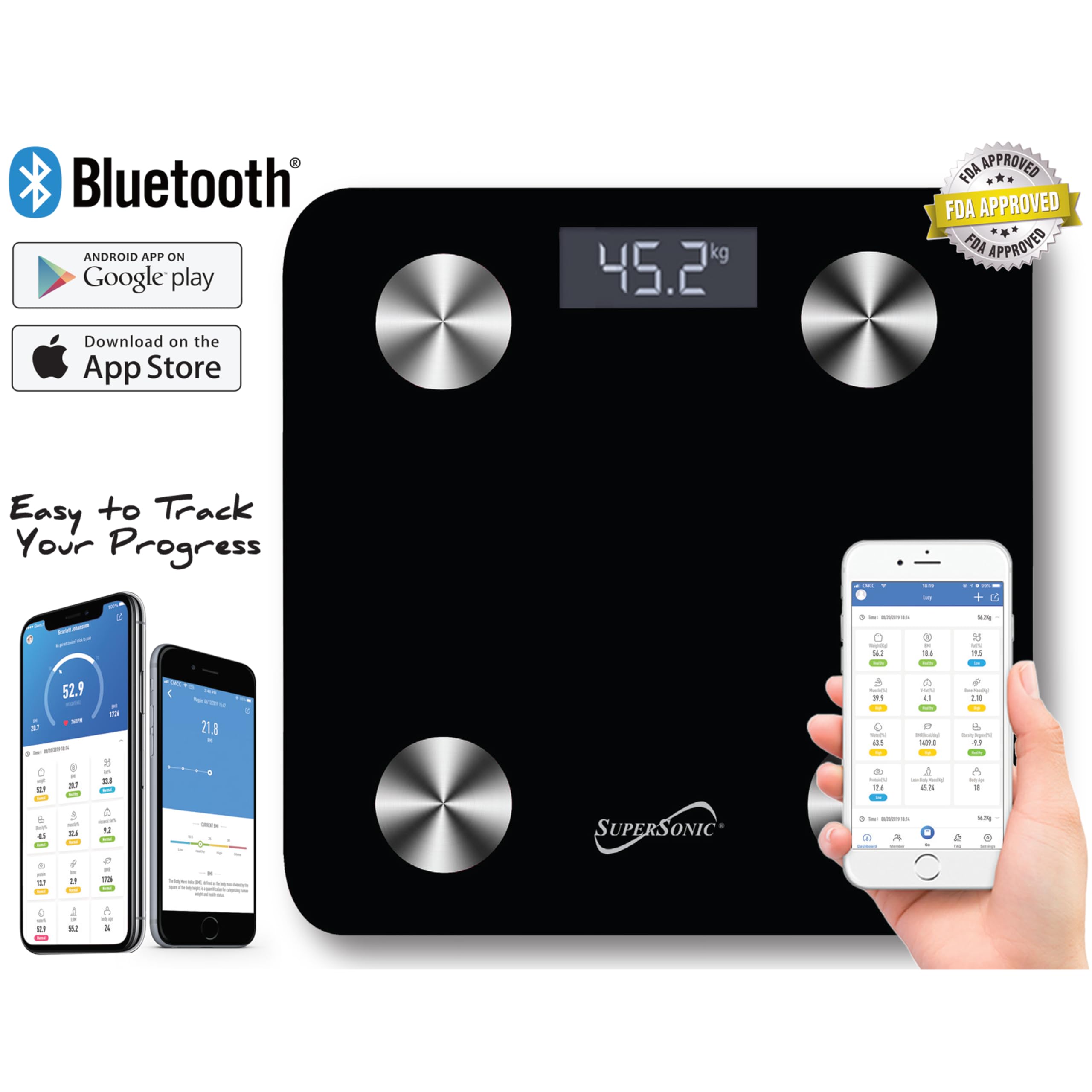 Supersonic SC-851BTS Bluetooth Smart Body Fat Scale - Digital Bathroom Weight Scale with BMI Tracking, Syncs to Fitness Apps for Weight Loss & Health Monitoring - Perfect for Home Gym & Bathroom Use