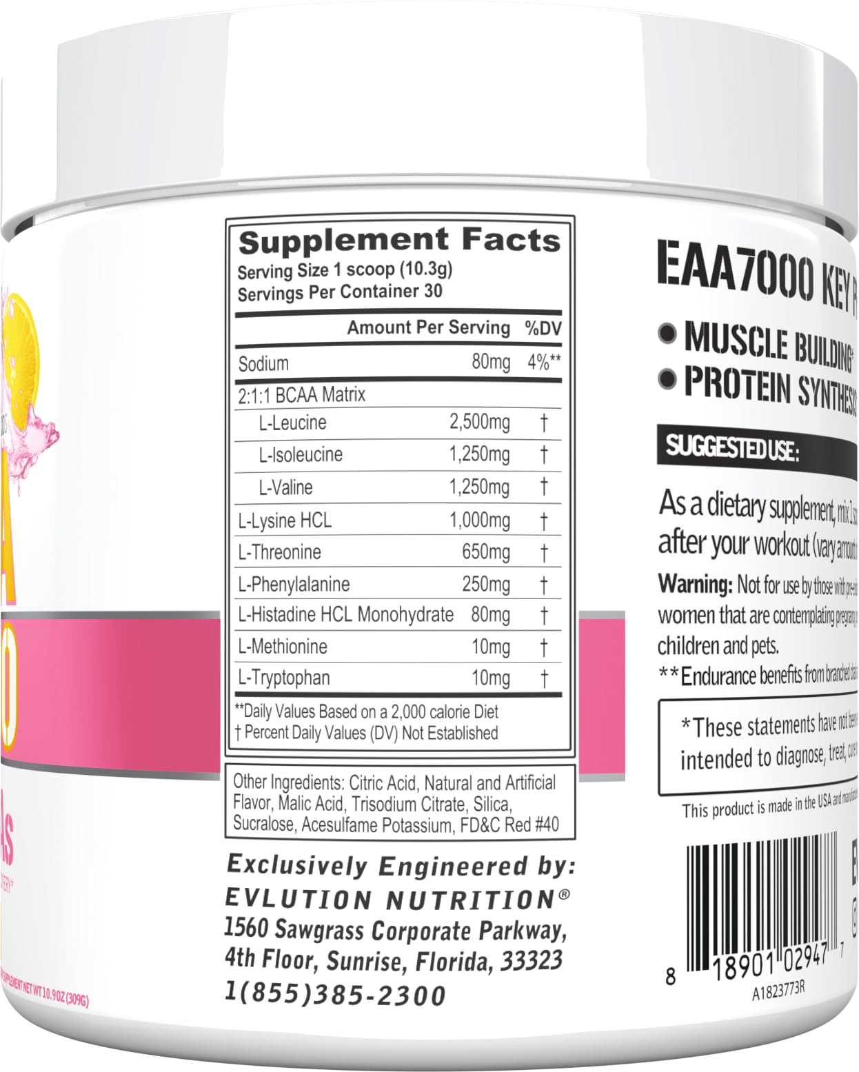 EVLution Nutrition EAA 7000 Essential Amino Acids Powder - Pink Lemonade Flavor, 309g for Muscle Recovery & Workout Energy | Pre & Post Workout Supplement for Athletes & Fitness Enthusiasts