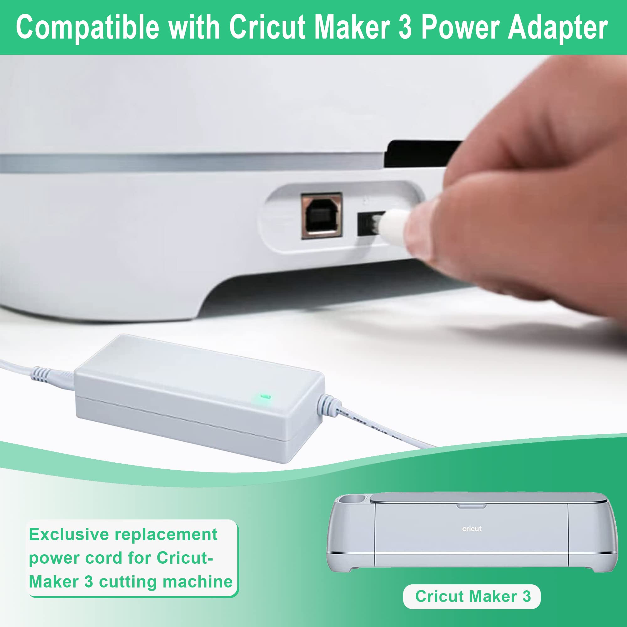 24VDC Power Cord Replacement for Cricut Maker 3 Cutting Machine - Compatible with Cricut Maker 3 Power Adapter & Charger (White) - Perfect for DIY Crafting, Vinyl Cutting & Scrapbooking Projects