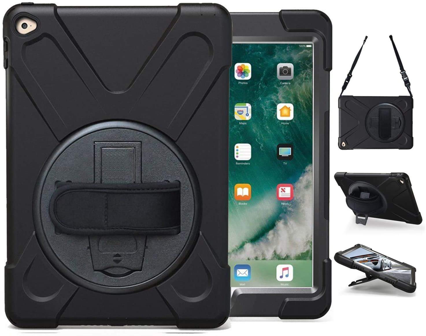 **Military Grade Shockproof iPad Air 2 Case for Kids (Model A1566/A1567, 2014) – Heavy Duty Rotating Stand with Hand Strap | Rugged Protective Cover for iPad Air 2nd Gen 9.7 Inch – Perfect for School, Travel & Outdoor Play (Black)**