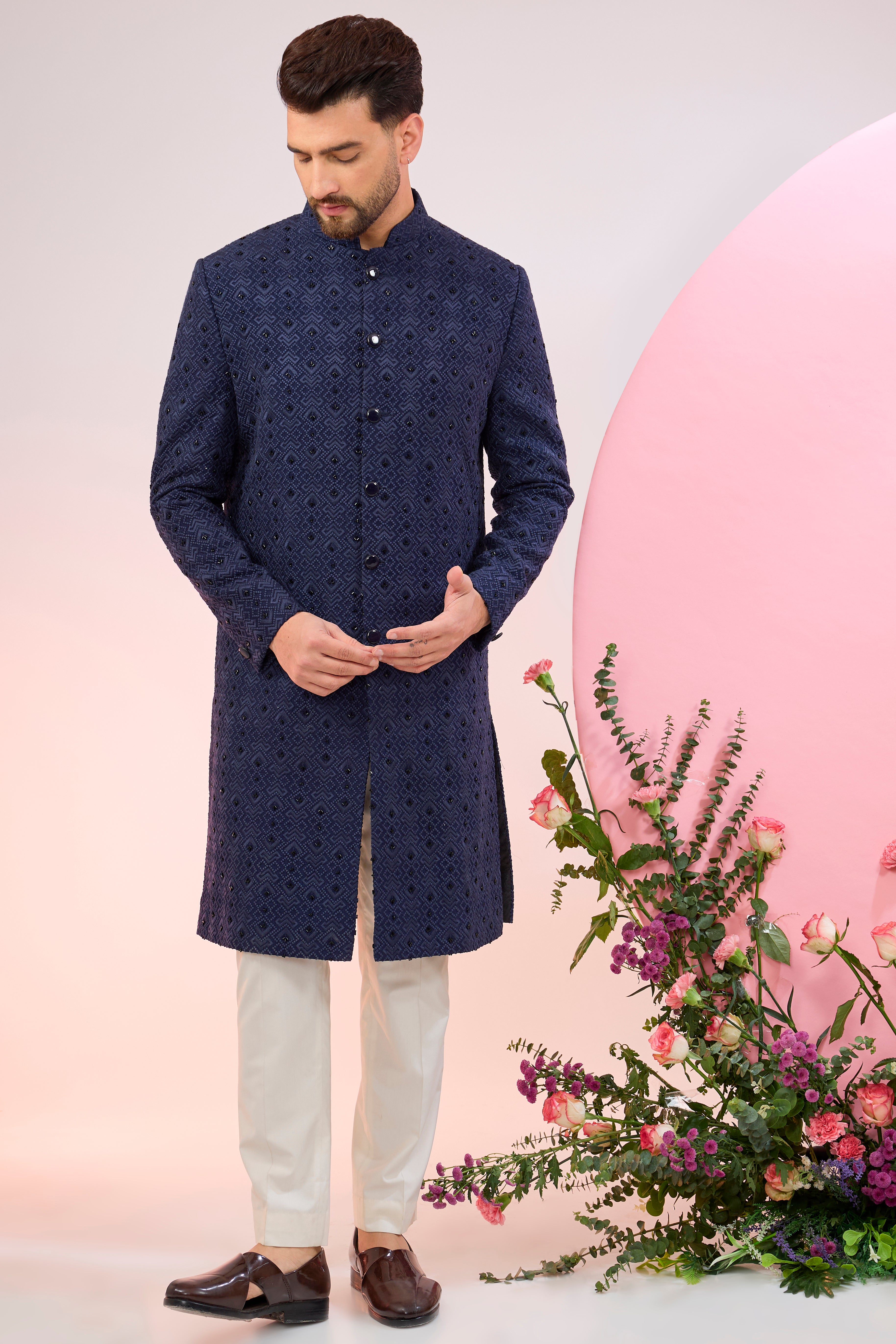 Elegant Navy Blue Embroidered Sherwani for Men with Geometric Patterns & Dana Work - Perfect for Weddings, Festivals & Special Occasions