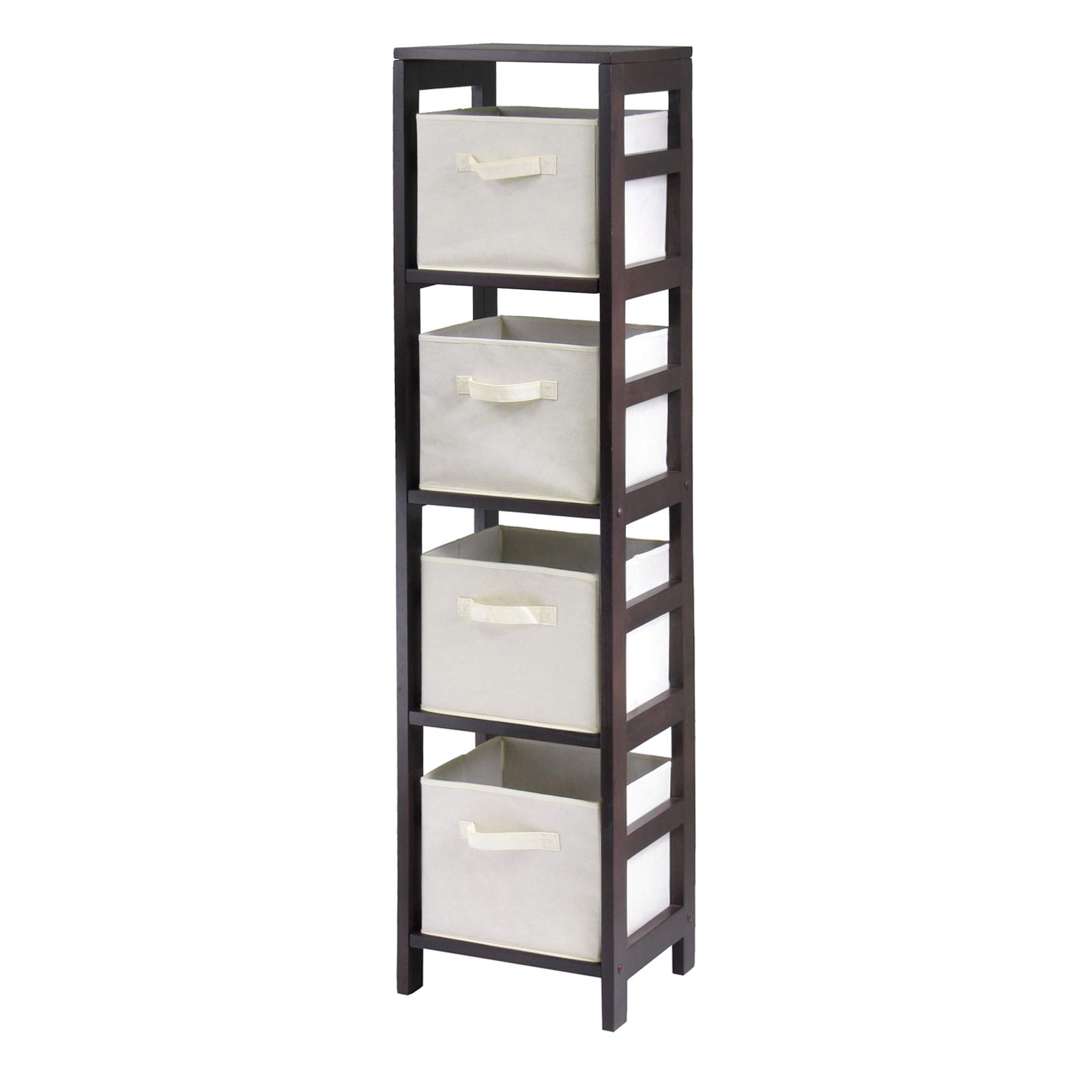 Winsome Wood Capri 4-Tier Storage Shelf with 4 Beige Fabric Foldable Baskets - Organizer for Bedroom, Bathroom, Closet & Office - Space Saving Home Decor Solution