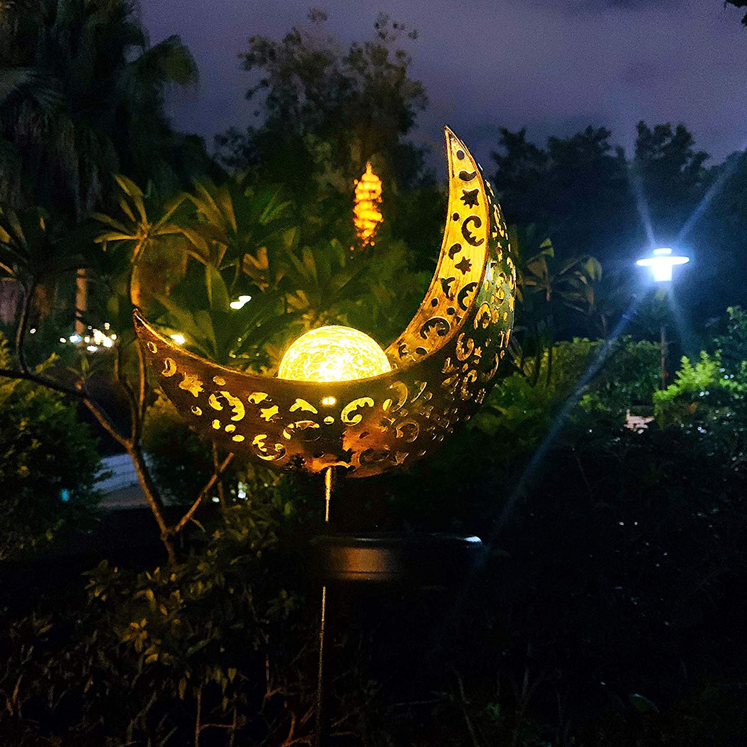 Solar Powered Moon Lights Outdoor - Waterproof Garden Pathway Stake Lights with Crackle Glass Ball & Golden Stars for Lawn, Patio, Yard Decor - Romantic Ambiance Lighting (1 Pack, Copper)