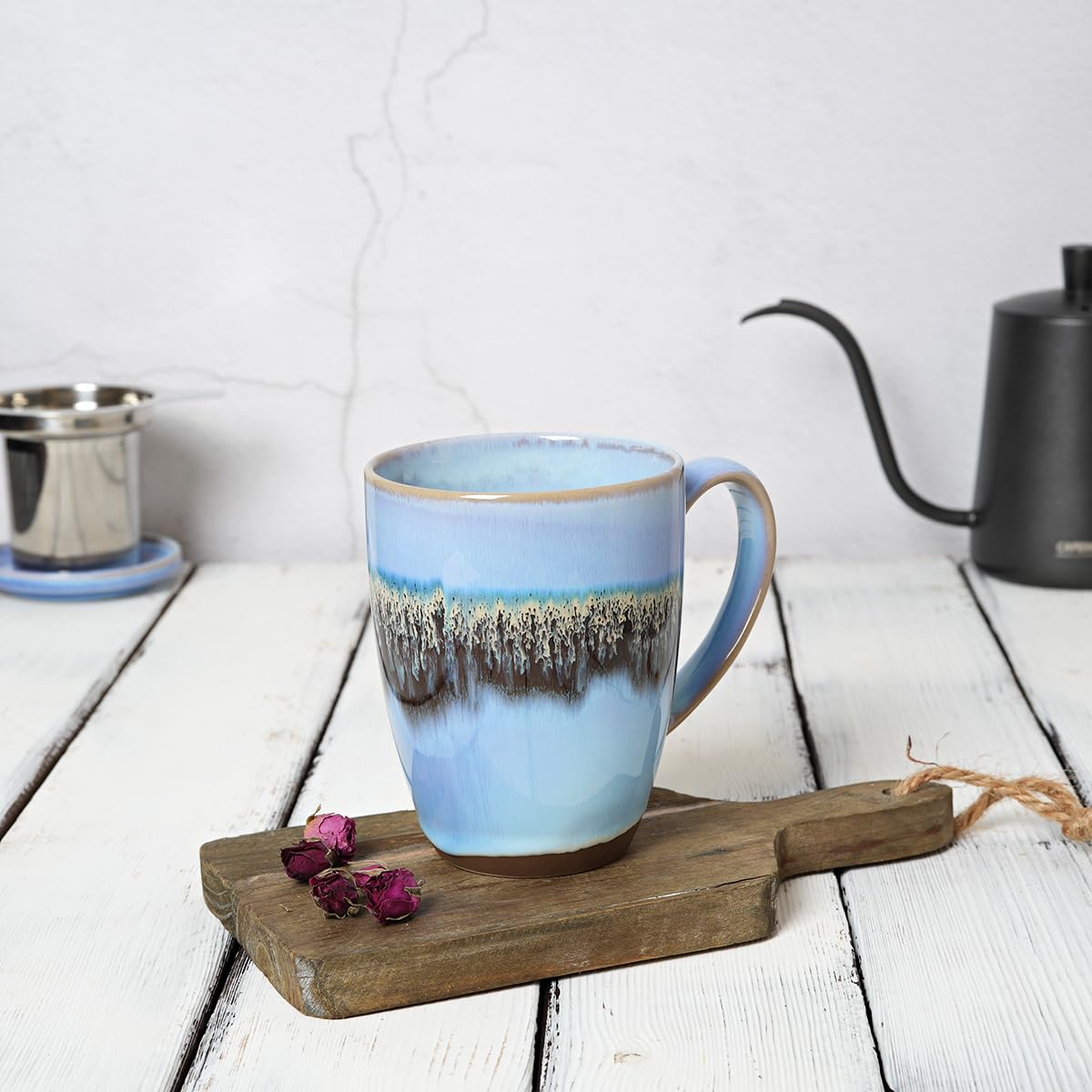 Bosmarlin 13.5 Oz Ceramic Tea Cup with Infuser & Lid - Loose Leaf Tea Steeper Mug with Built-in Strainer - Microwave & Dishwasher Safe Reactive Glaze Teacup (Light Blue) - Perfect for Home, Office & Gift Giving