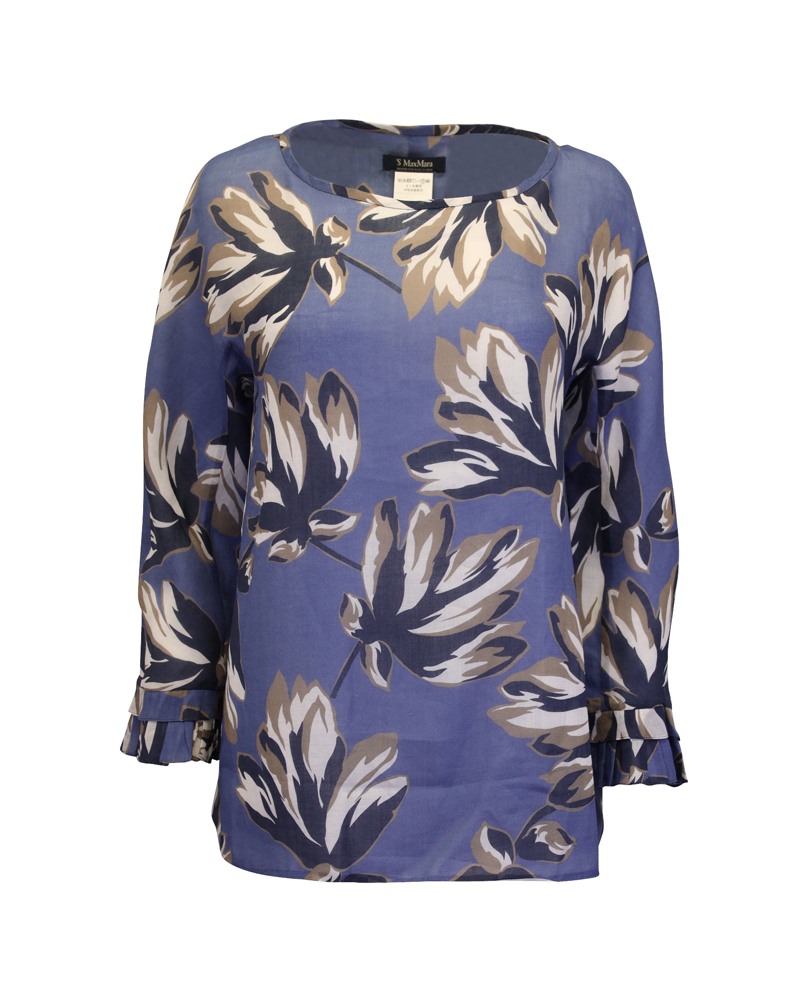 Max Mara Eleonor Floral Blouse Women's Blue Ramie Shirt - Perfect for Office Wear, Summer Outfits & Casual Chic Style