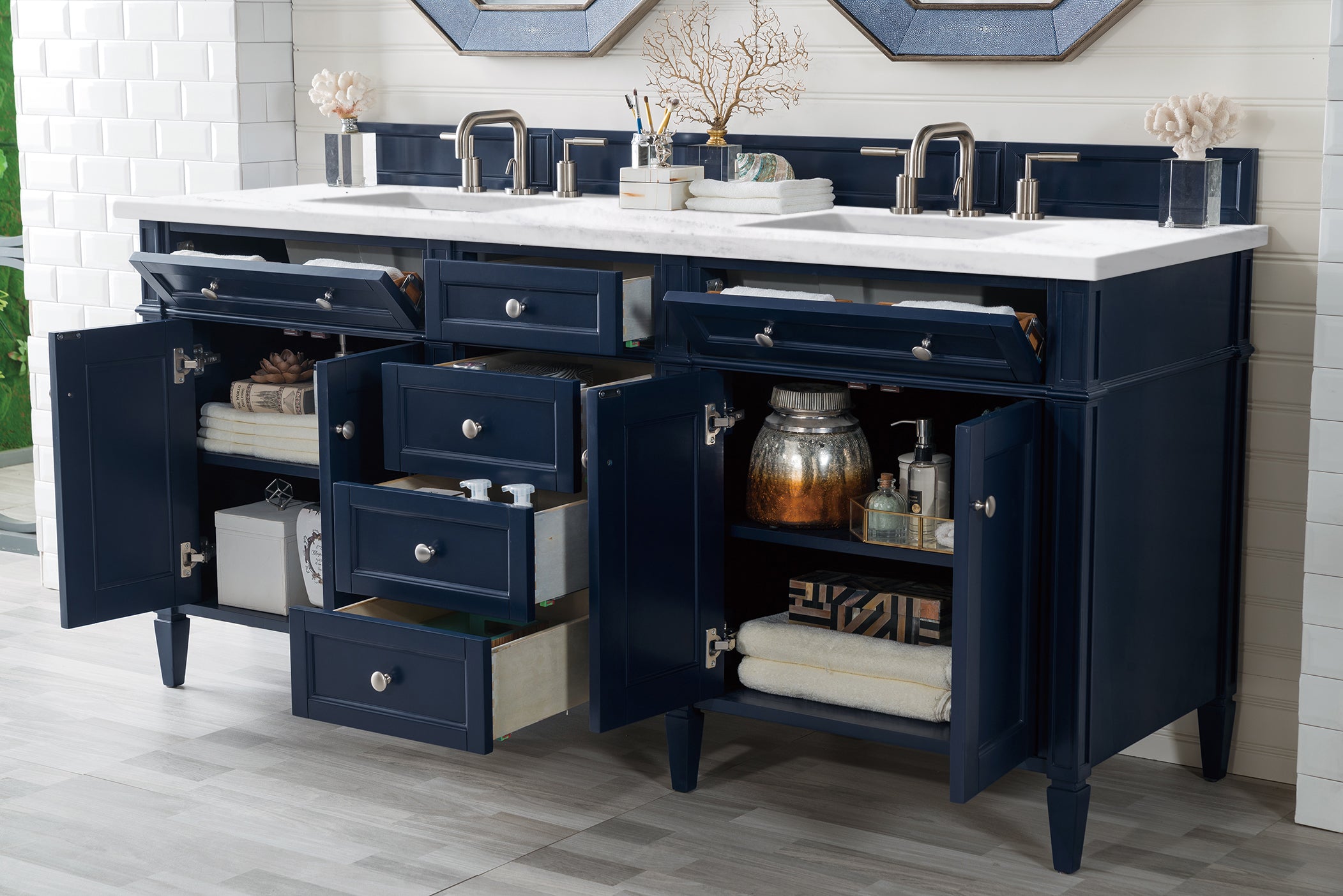 Brittany 72-Inch Victory Blue Double Bathroom Vanity with 3CM Arctic Fall Solid Surface Top – Perfect for Master Bathroom Renovations & Modern Home Decor