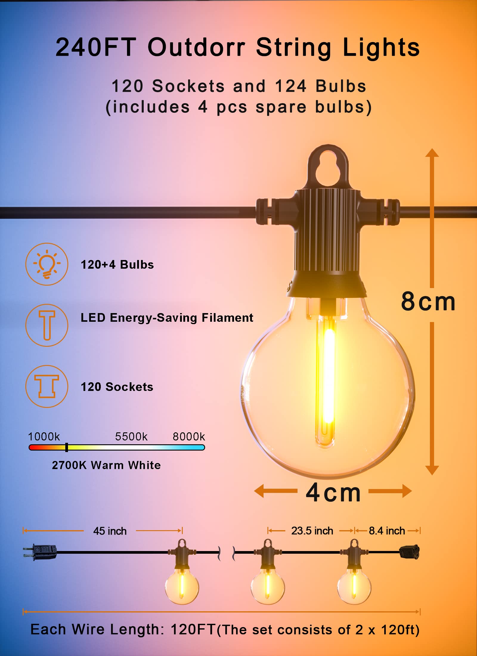 240FT Waterproof Outdoor String Lights - 124 Shatterproof G40 Globe Bulbs (4 Spare Included) - Connectable Dimmable LED Hanging Lights for Backyard, Porch, Balcony & Patio - Perfect for Garden Parties, Weddings & Outdoor Dining