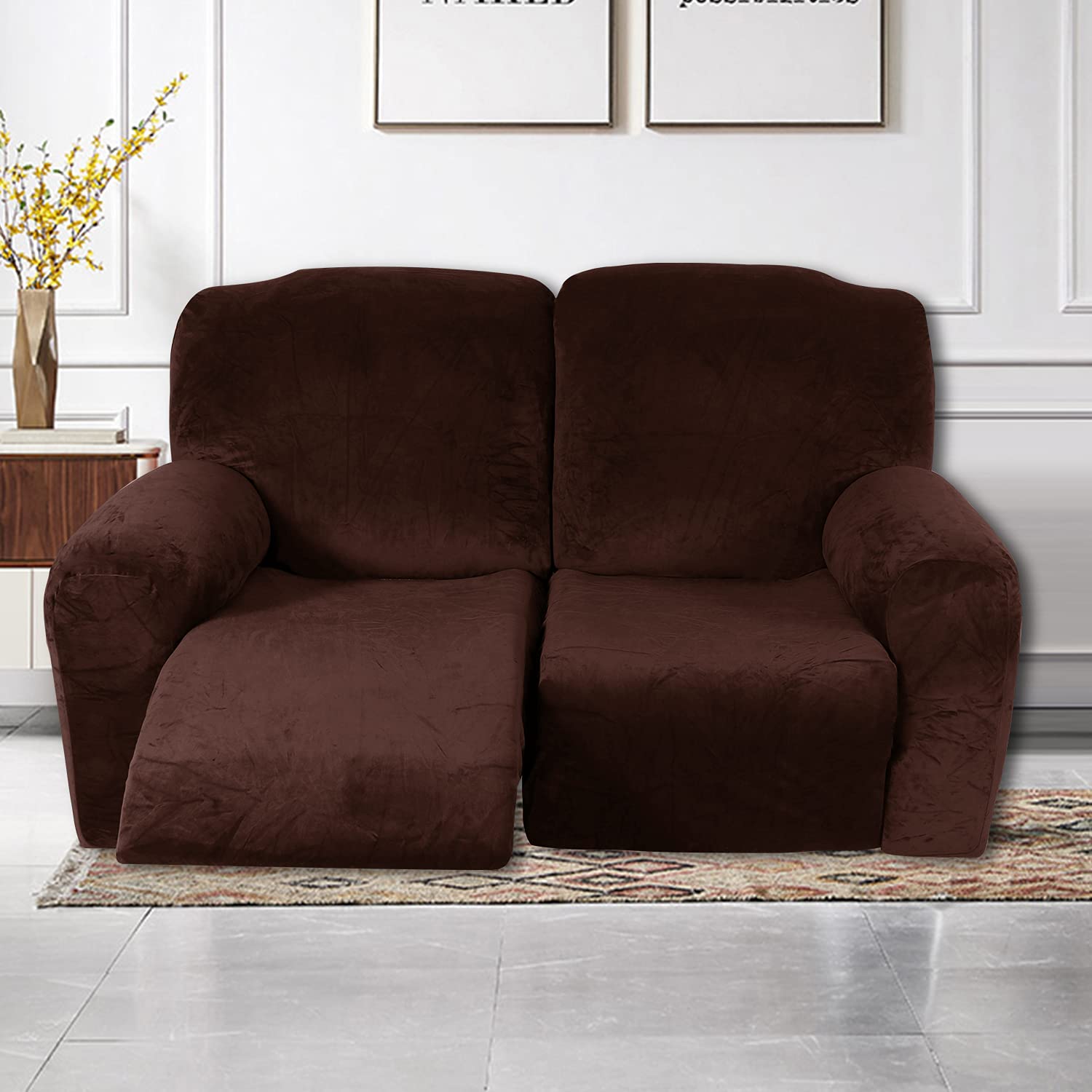 MIFXIN 6-Piece Velvet Stretch Recliner Sofa Cover - Soft Thick Elastic Slipcover for 2-Seat Loveseat & Reclining Couch, Anti-Slip Washable Furniture Protector (Brown) - Perfect for Living Room, Home Theater & Family Room Decor