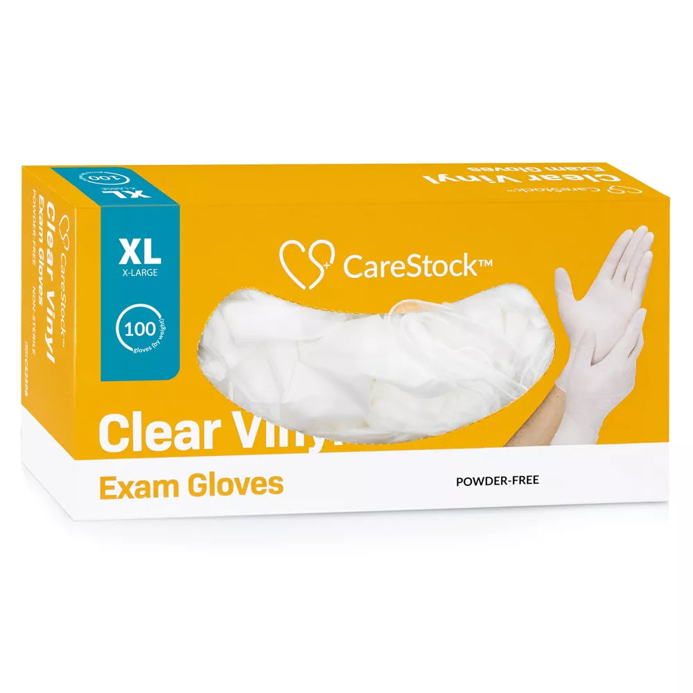 **CareStock Vinyl Exam Gloves - Ultra Strong, Slip-Resistant Textured Grip - Disposable Powder-Free Medical Gloves (Clear) - Ideal for Healthcare, Food Handling & Cleaning**