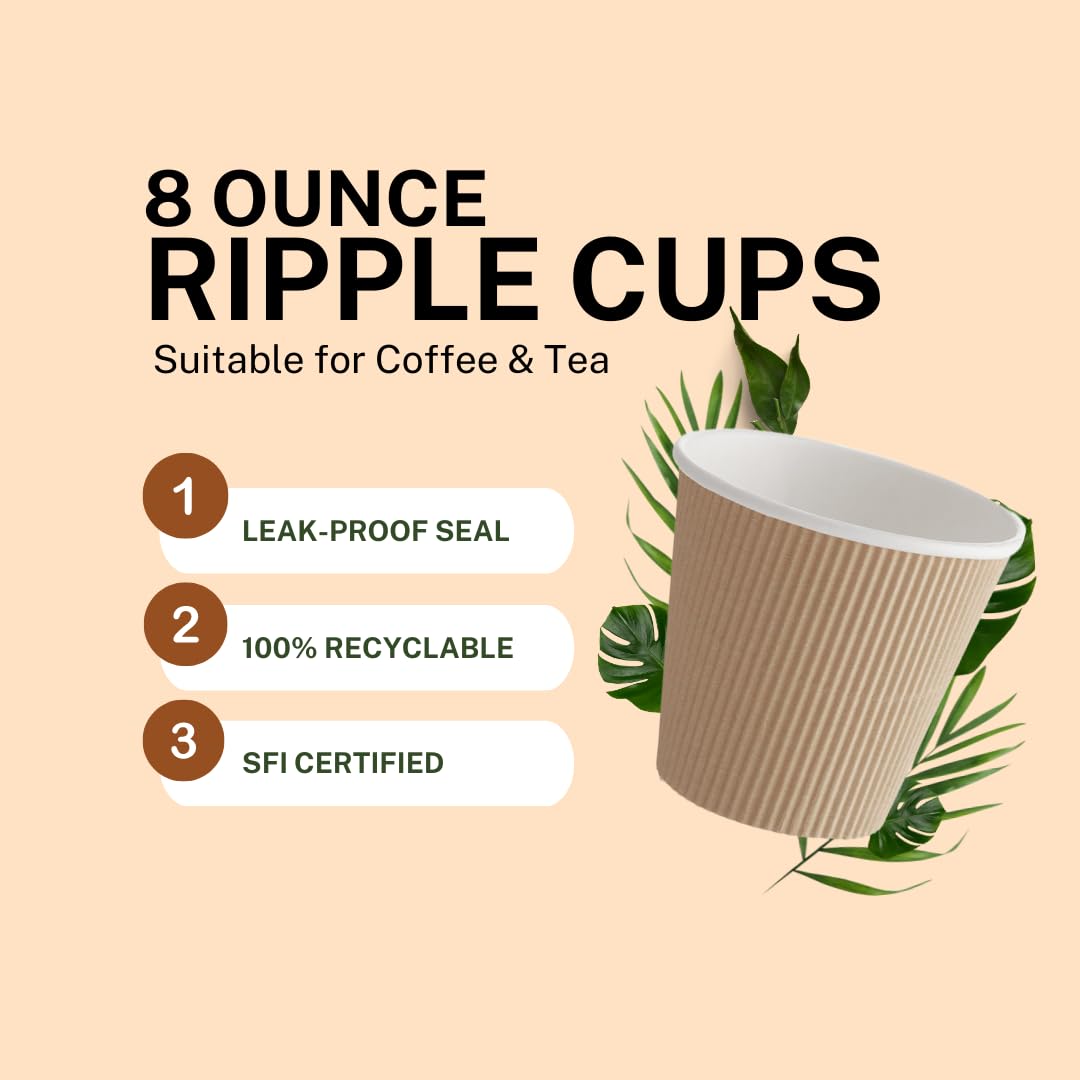 Premium 8 oz Ripple Paper Cups - 500 Pack | Eco-Friendly, Insulated & Disposable Hot Drink Cups for Coffee, Tea & Cocoa | Made in USA | Ideal for Home, Office, Restaurants & Coffee Shops | Perfect for Morning Coffee, Office Breaks & Takeout Beverages