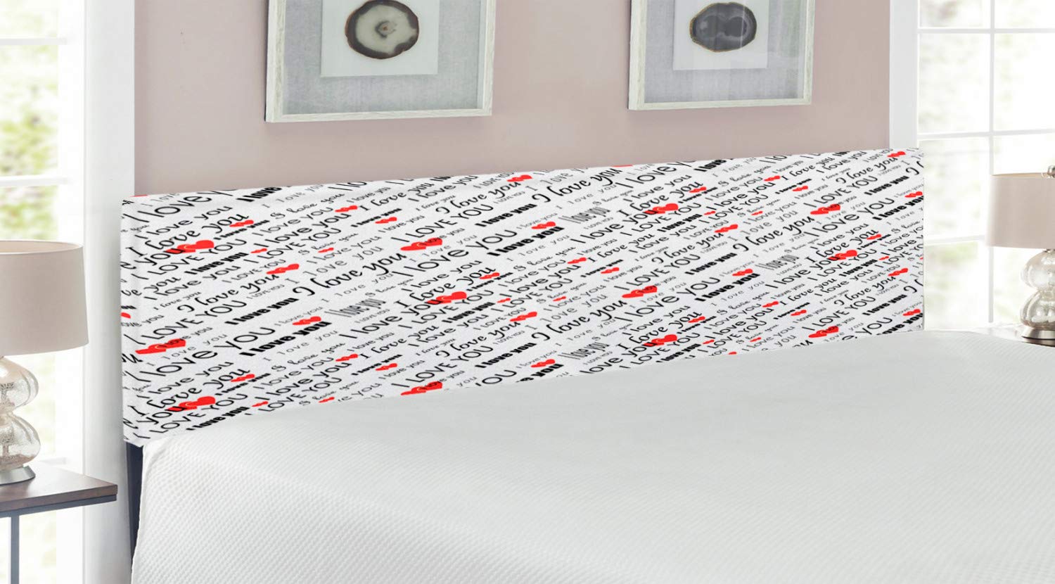 Ambesonne I Love You Upholstered Headboard - Romantic Hearts & Multilingual Words Design, King Size Metal Bed Frame with Memory Foam in Red/White/Black | Perfect for Bedroom Decor, Anniversary Gifts & Couples' Romantic Retreat