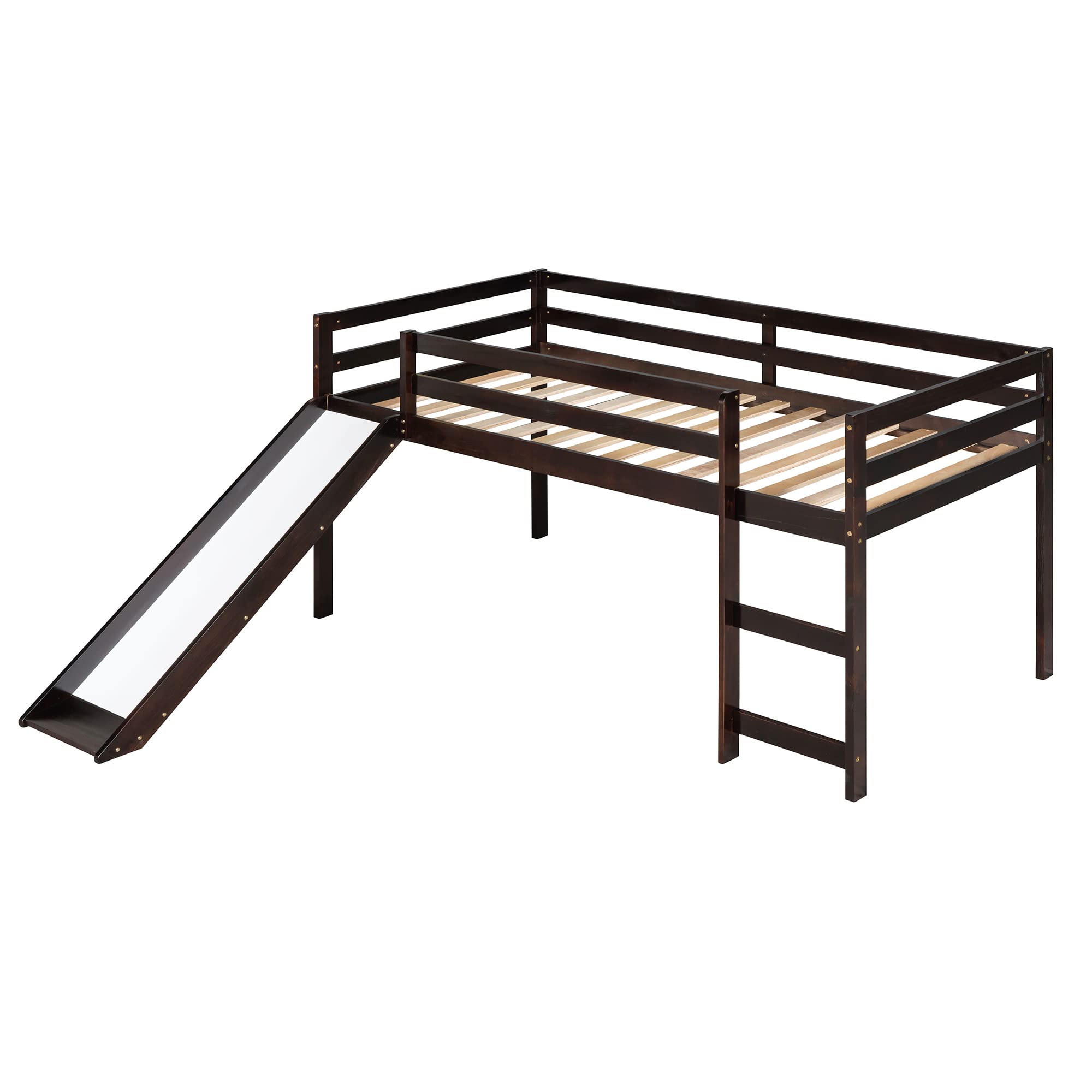 Harper & Bright Designs Twin Size Kids Low Loft Bed with Slide - Wooden Loft Bed Frame in Espresso - Perfect for Small Bedrooms & Playrooms