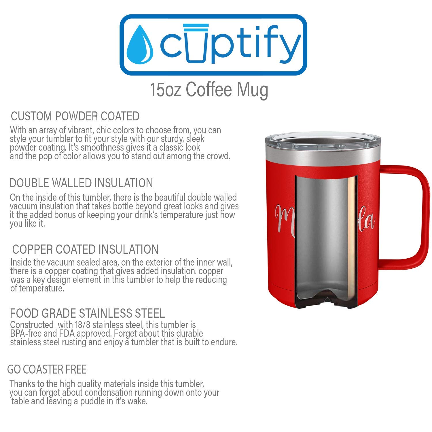 Personalized Red Matte Stainless Steel Coffee Mug 15 oz - Custom Engraved Vacuum Insulated Travel Cup with Handle - Perfect Gift for Office, Home & Outdoor Use