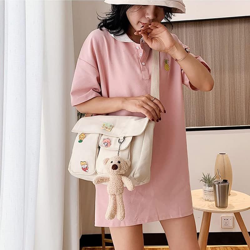 Stylish Canvas Crossbody Bag for Women - Cute Messenger Purse with Pins & Pendant - Fashionable Shoulder Bag for School, Work & Daily Use